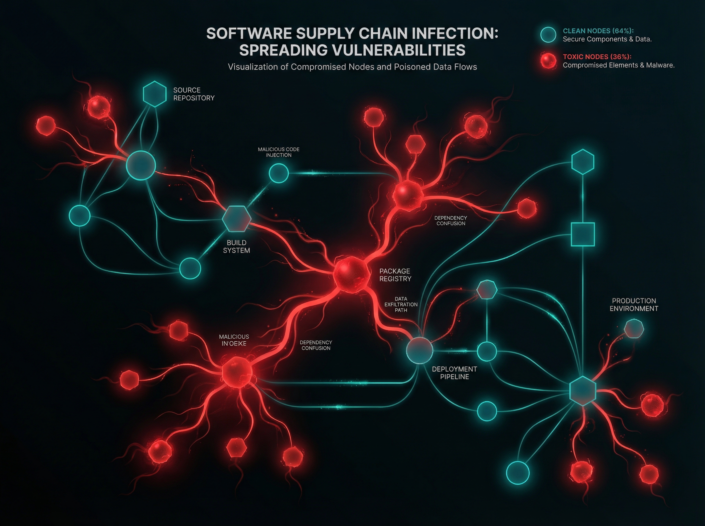 A developer's IDE split screen showing friendly AI suggestions on one side and hidden command injection payloads on the other