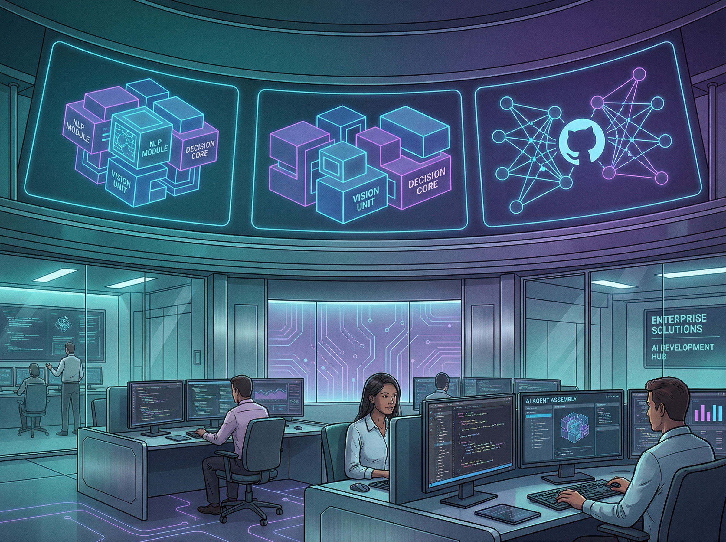 A sophisticated control room with holographic screens showing custom AI agents being assembled