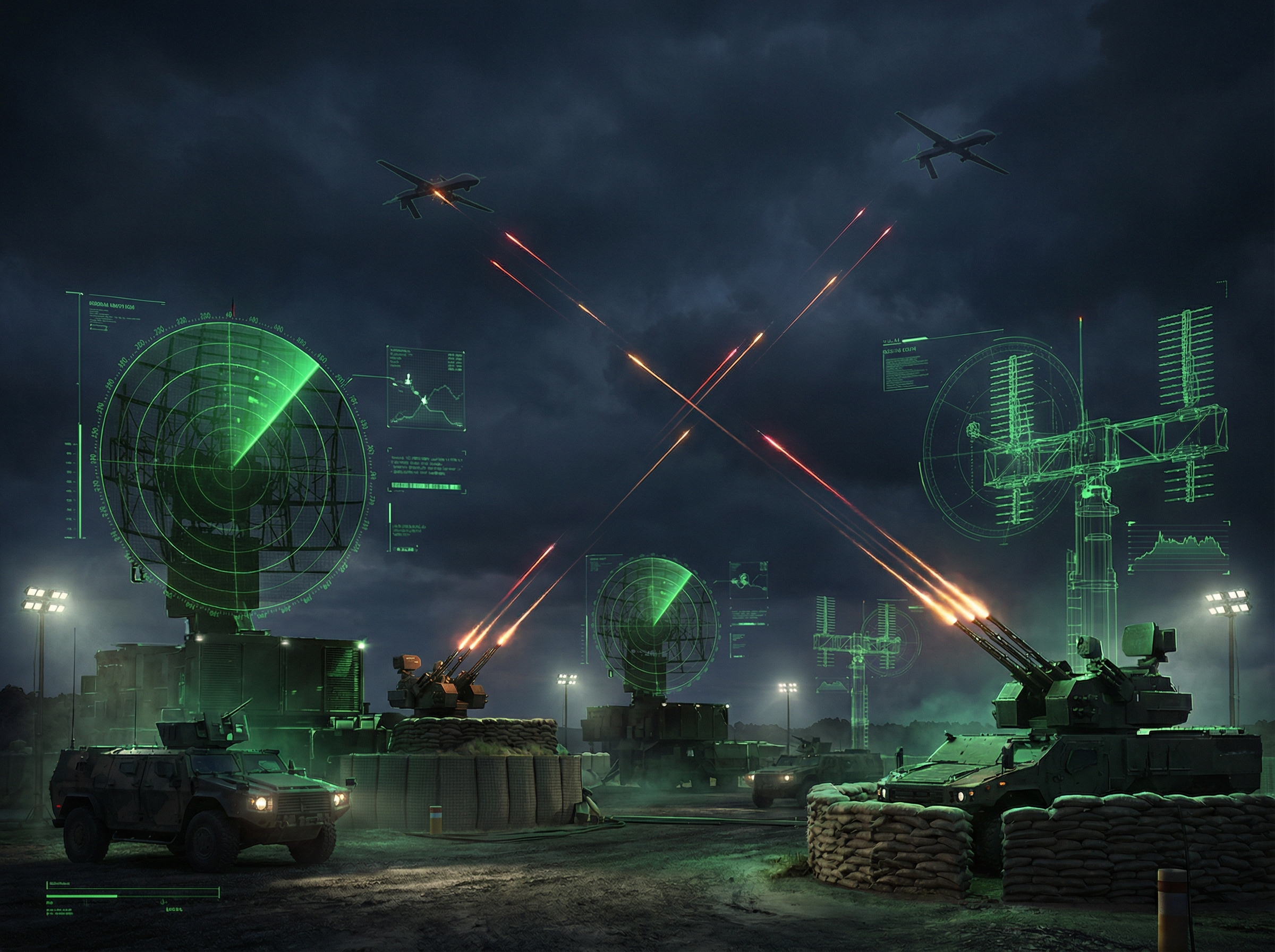 Layered air defense system engaging small drones at night with electronic warfare capabilities