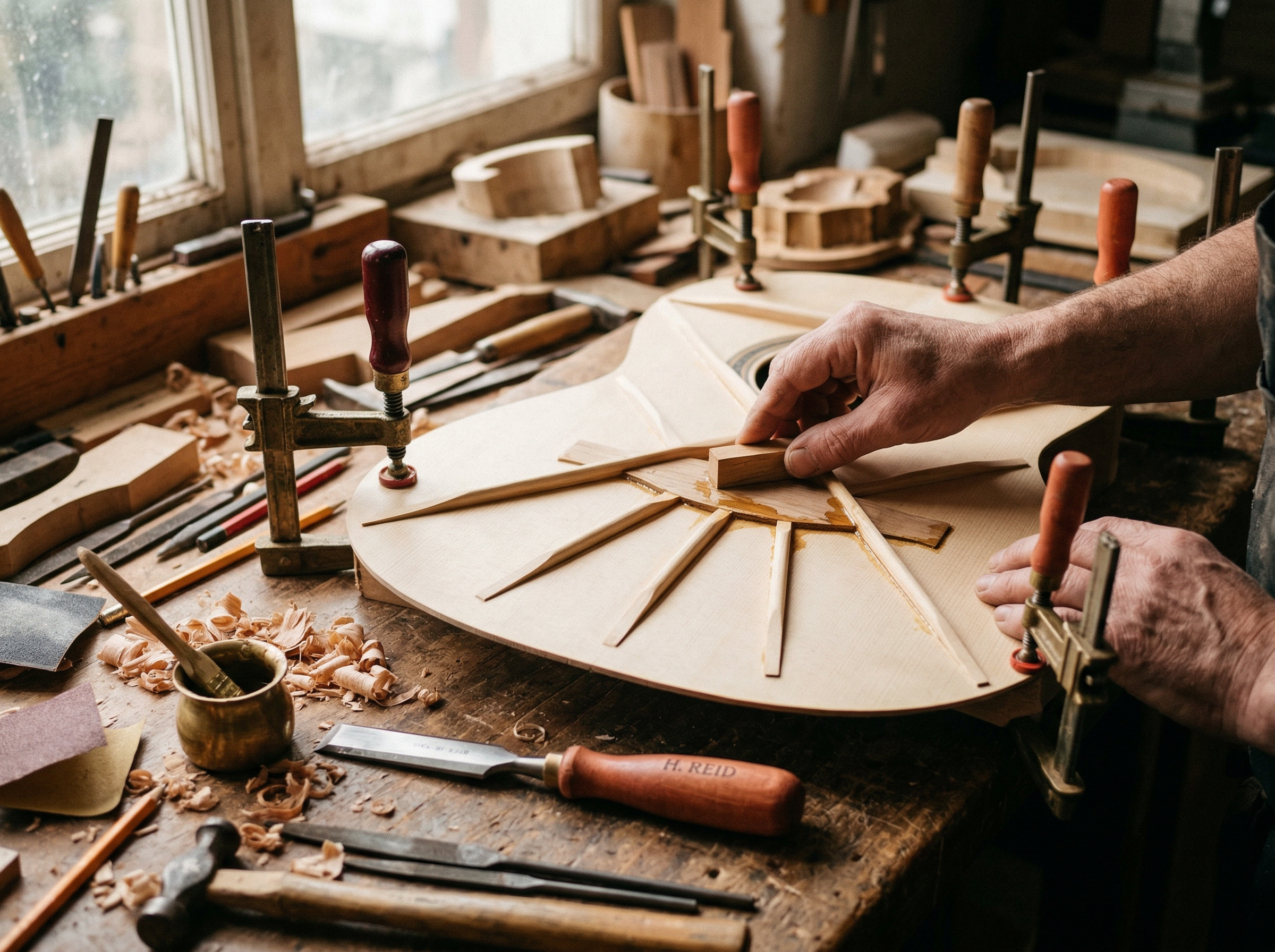 Close-up of classical guitar bracing and spruce top under construction in a luthier workshop