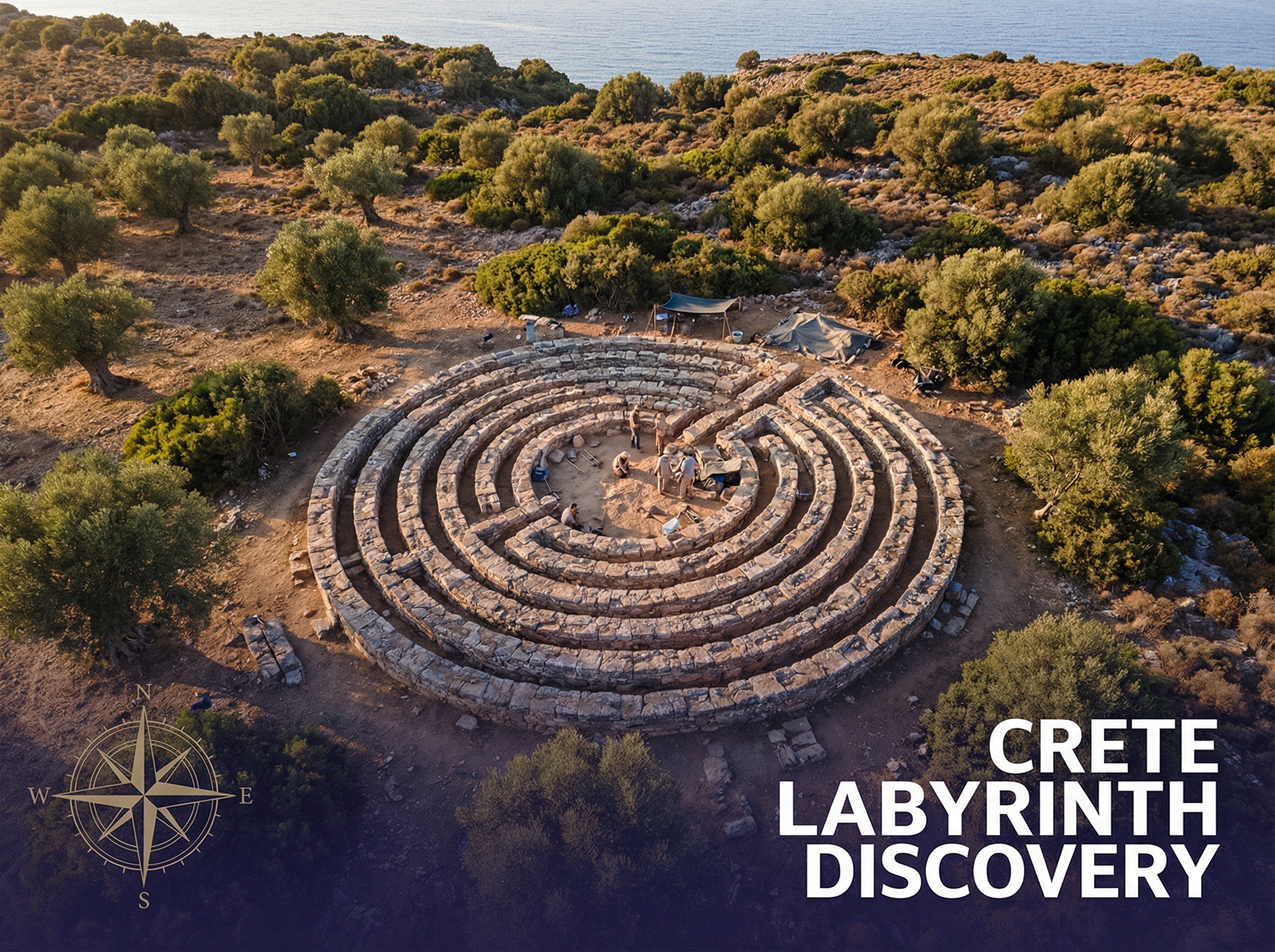 Aerial view of circular stone labyrinth structure on Crete
