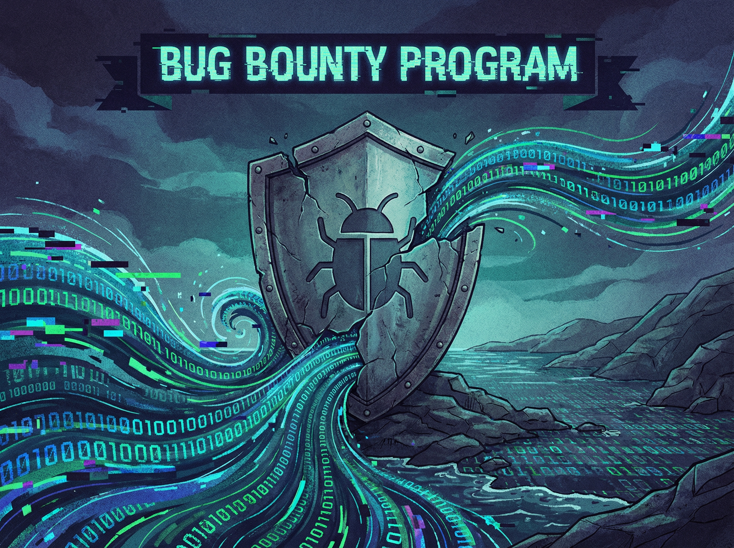 A cracking shield overwhelmed by digital noise, representing curl's bug bounty overwhelmed by AI spam