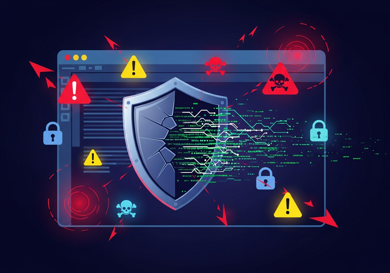 Security breach visualization with cracked shield and warning symbols