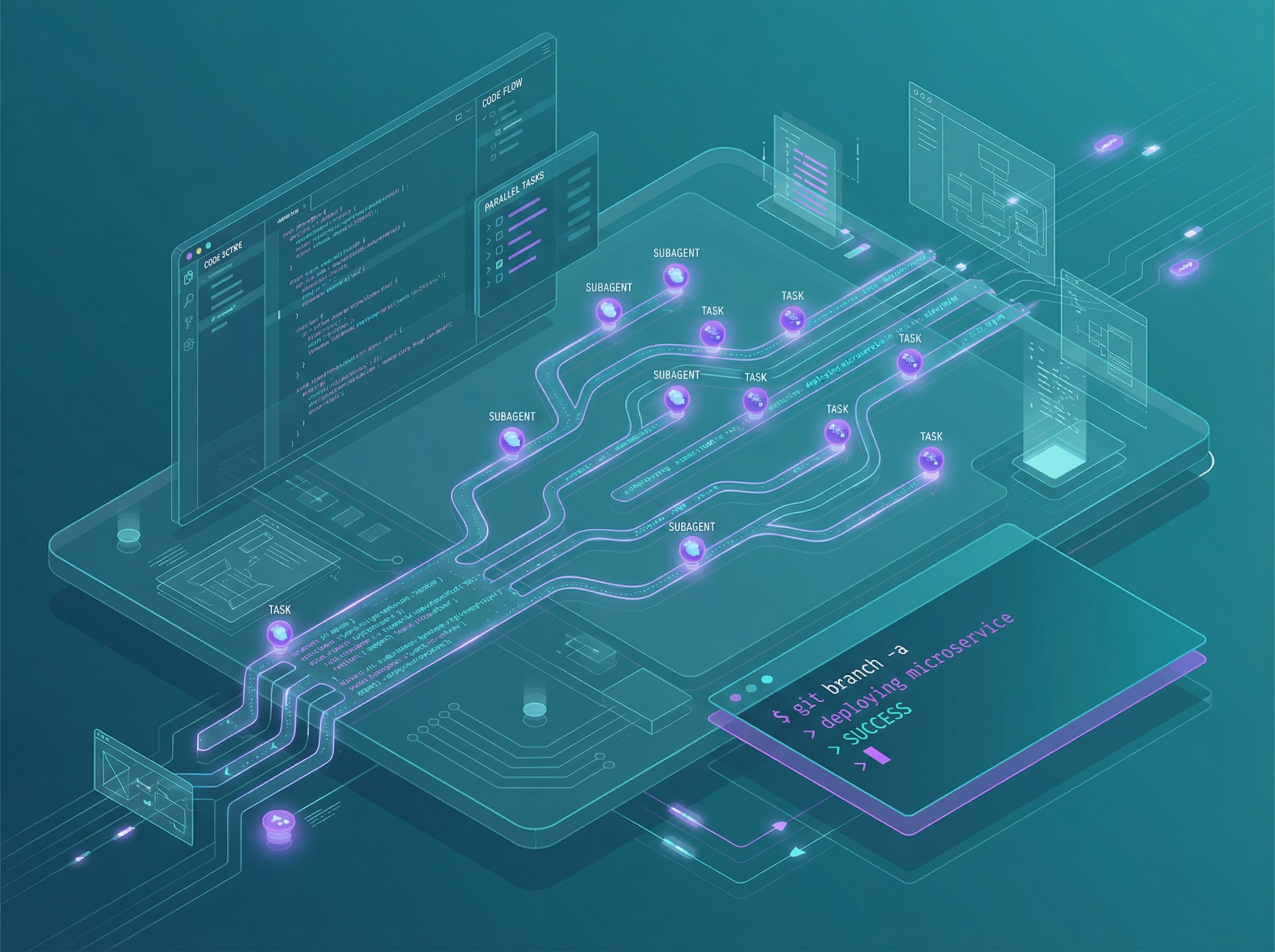 IDE workspace with multiple parallel code streams branching like a river delta