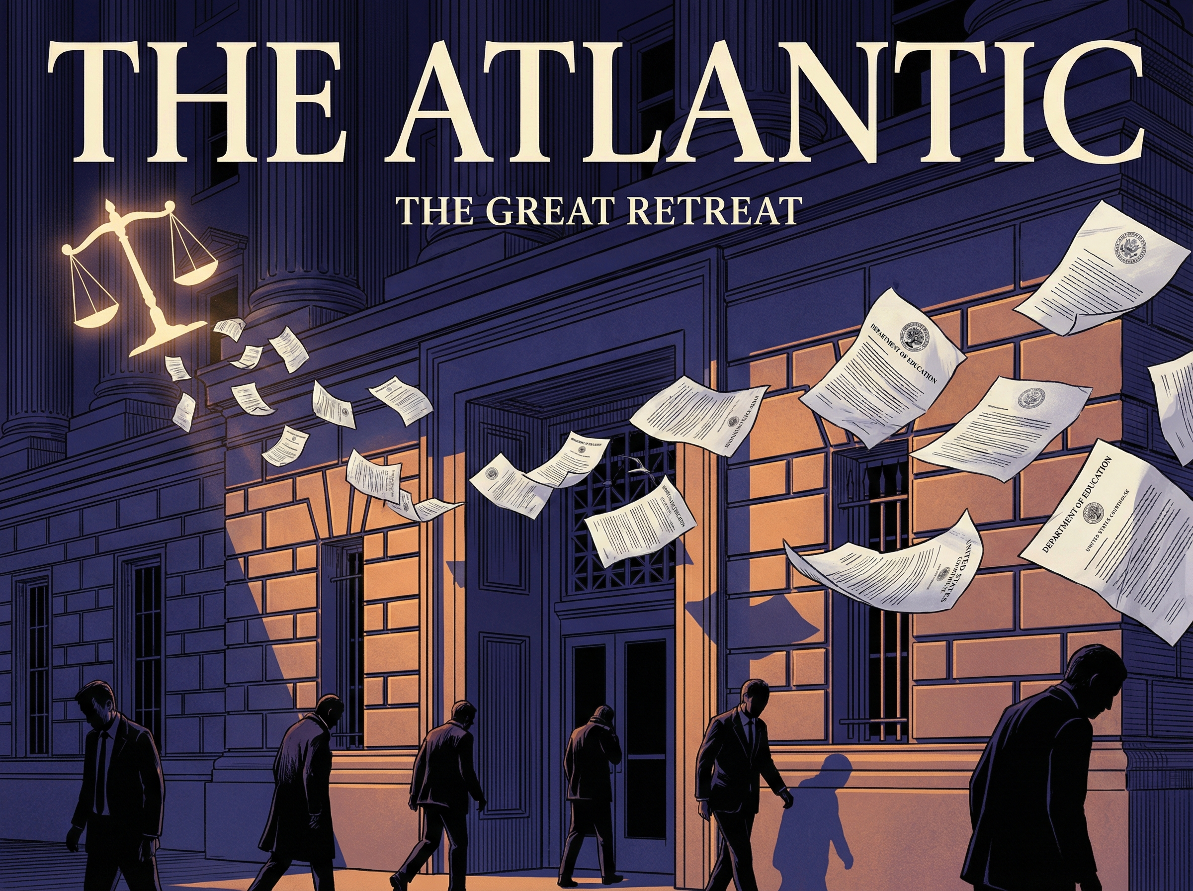 Department of Education building exterior, official letterhead documents fluttering away in wind