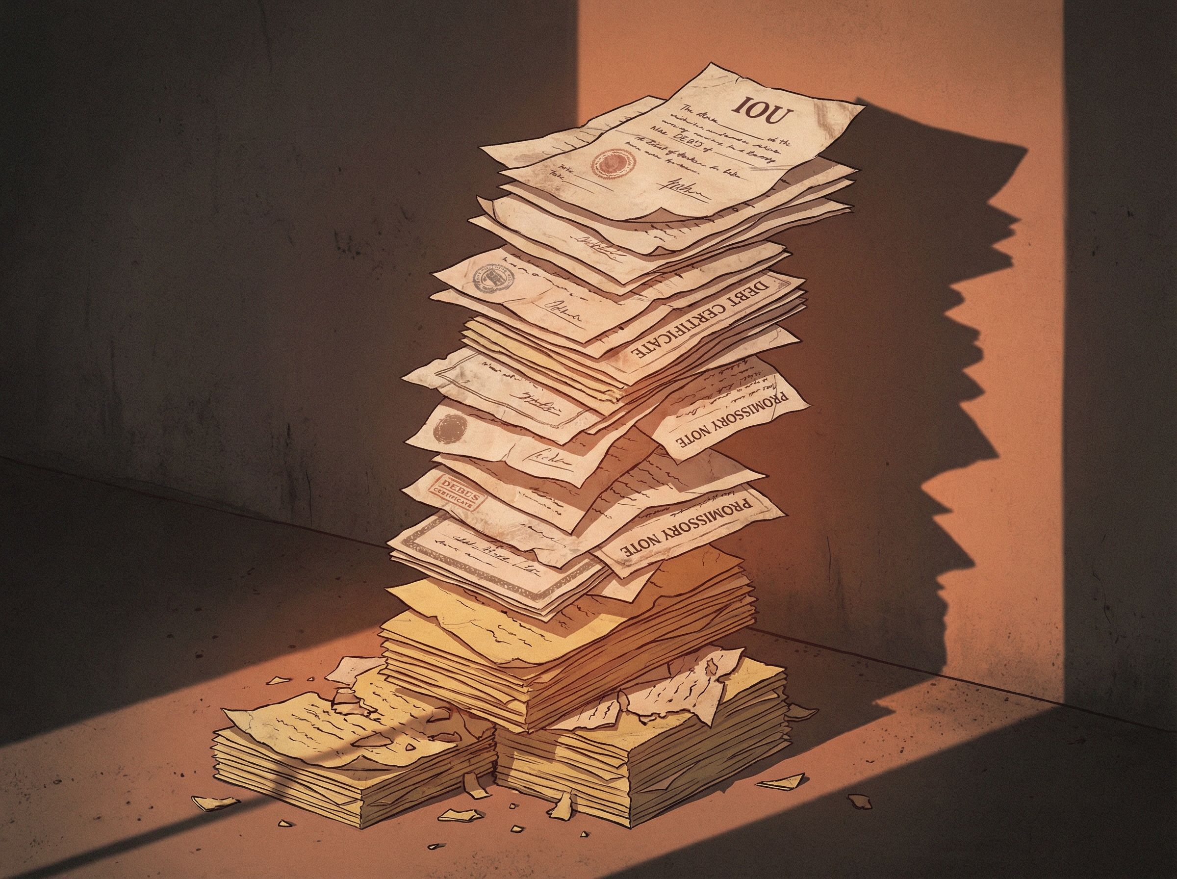 Tower of vintage debt certificates forming precarious structure