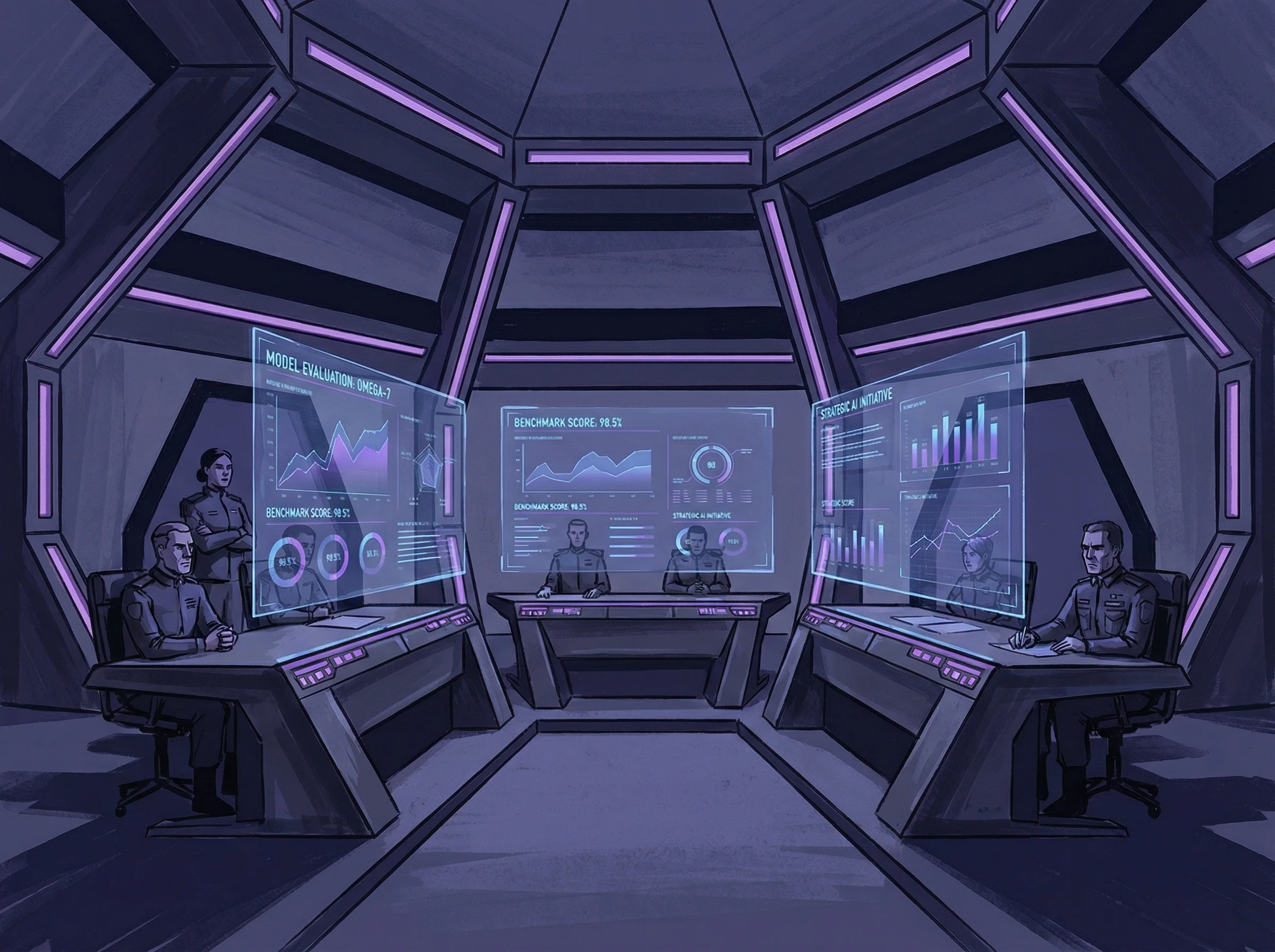 Pentagon command center with AI evaluation dashboards