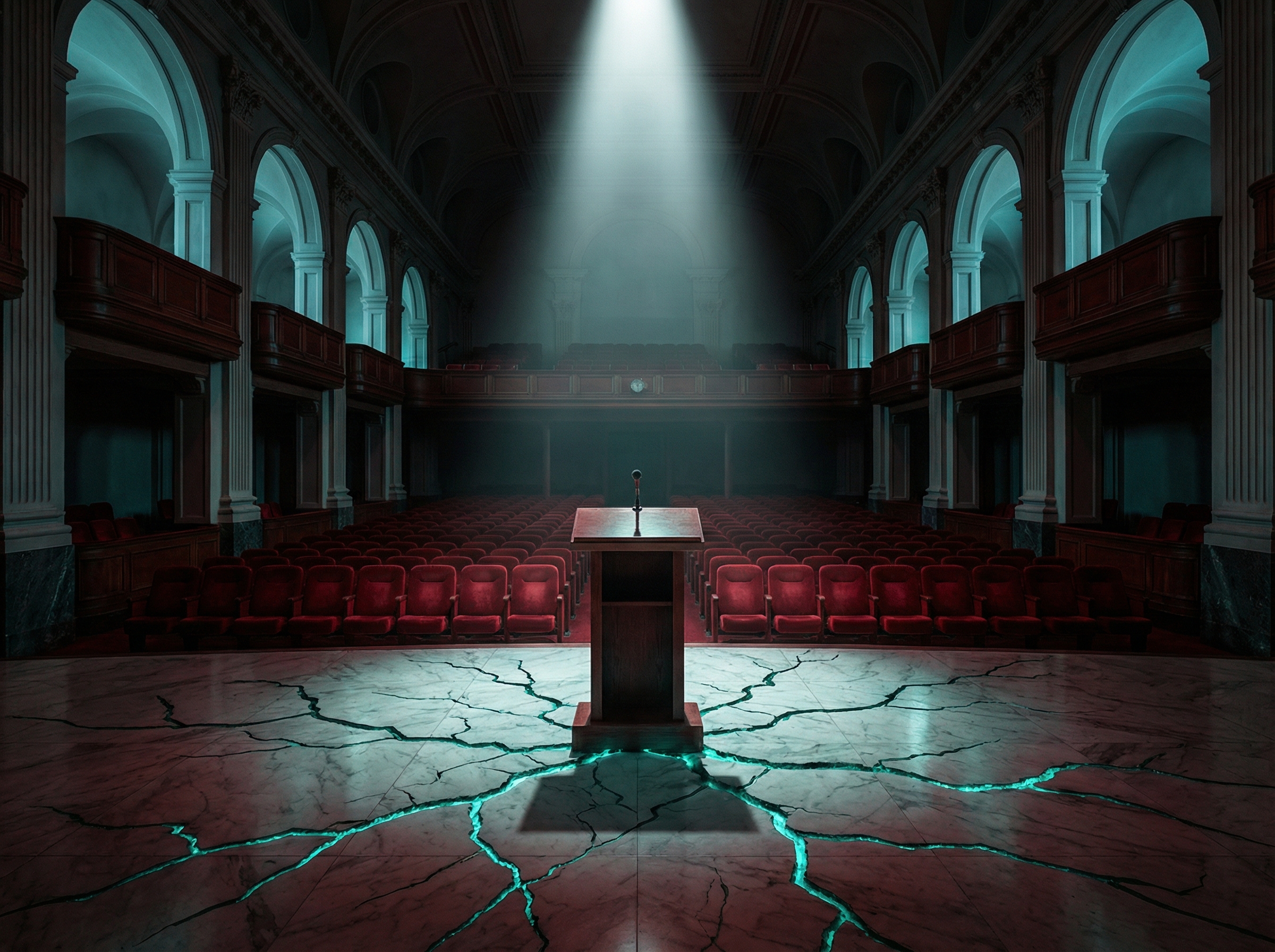 Abstract illustration of political pressure: ornate red hall with cracks forming in marble floor