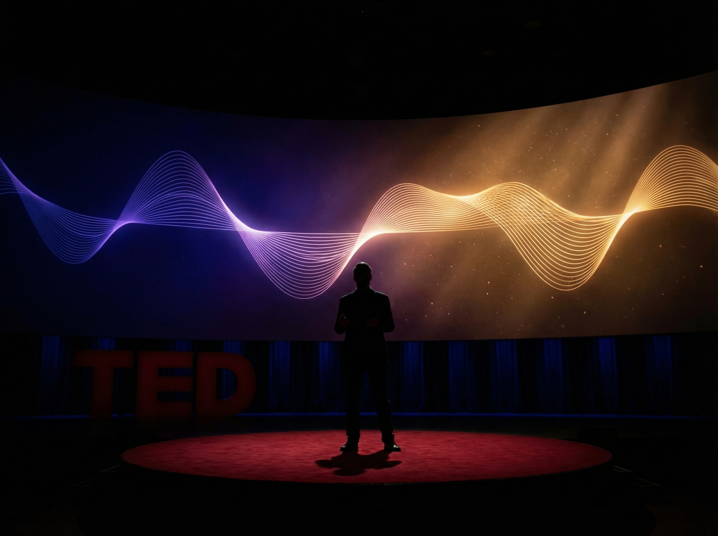 TED stage with oscillating wave of light between what is and what could be