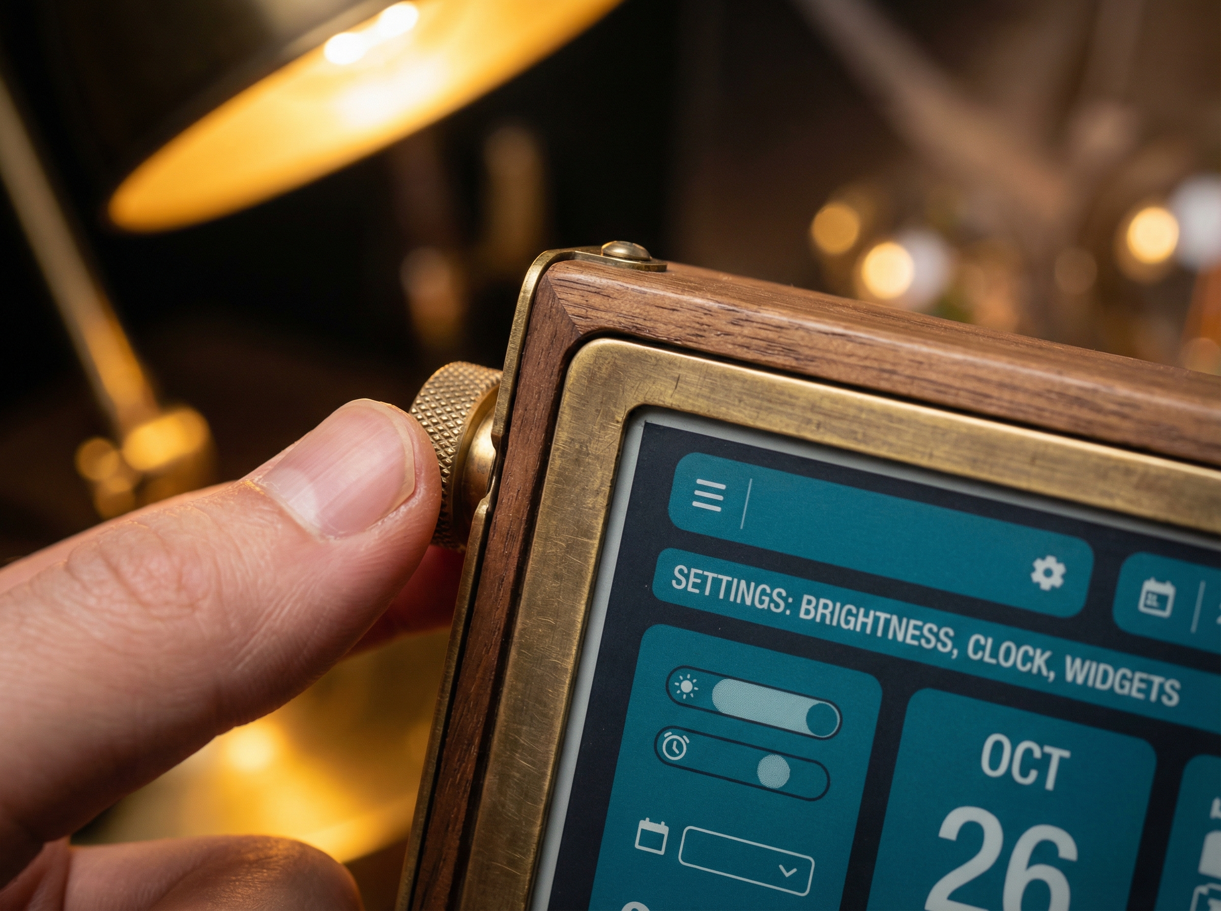 Close-up of a tactile brass dial control on a small e-ink desk frame with warm lighting