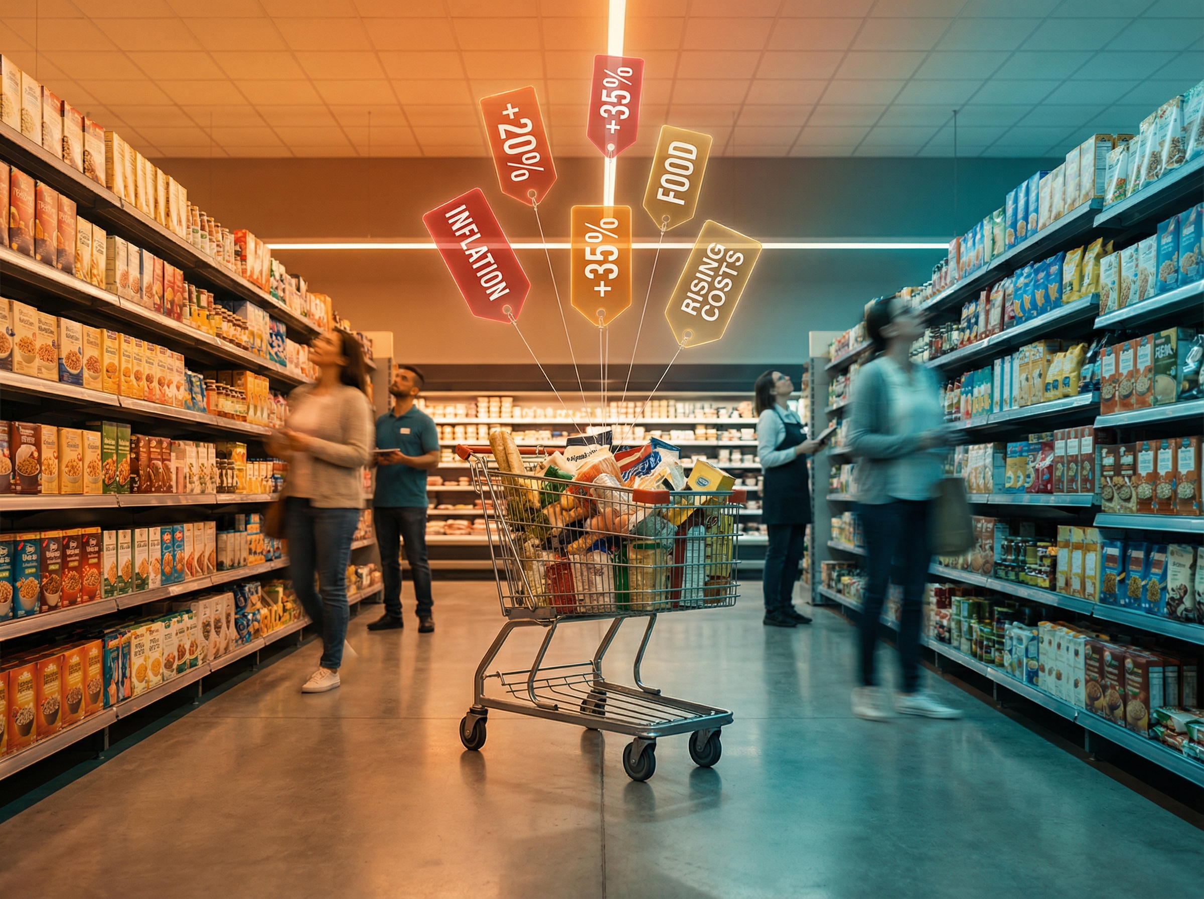 Shopping cart with floating price tags symbolizing inflation