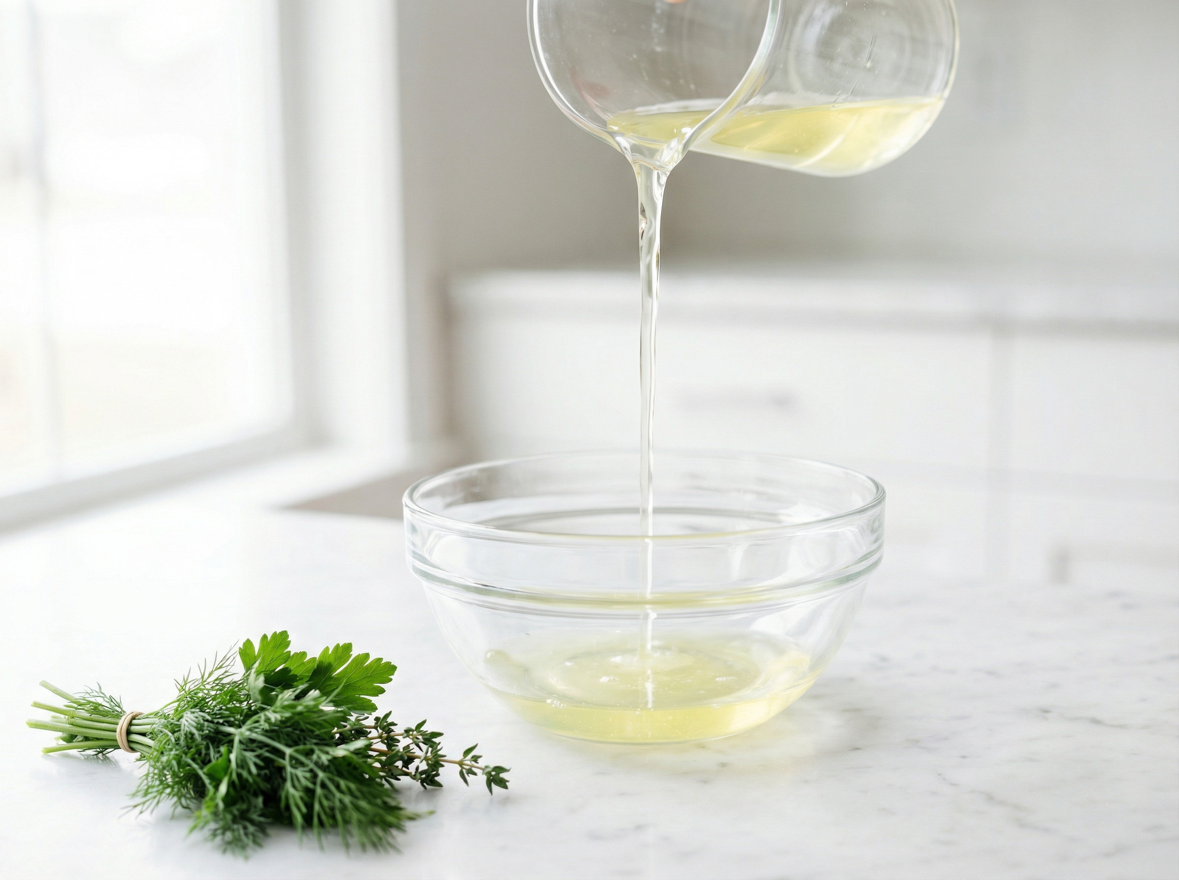 Translucent egg whites being poured into a glass bowl