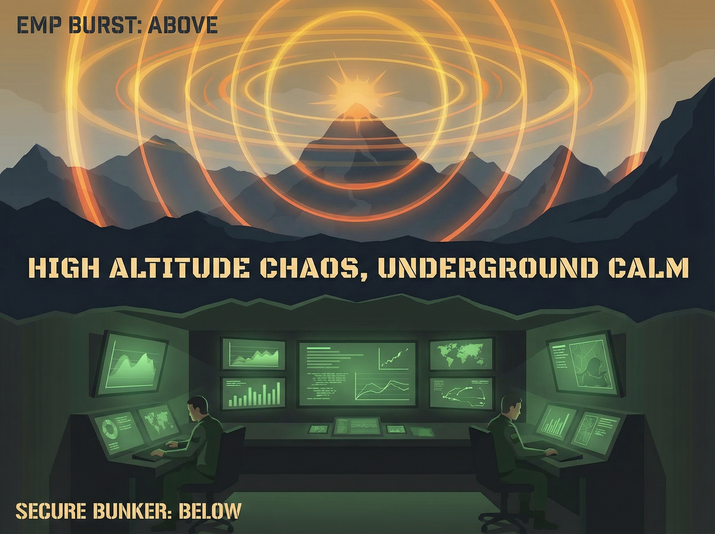 Electromagnetic pulse visualization above mountain silhouettes with protected bunker below