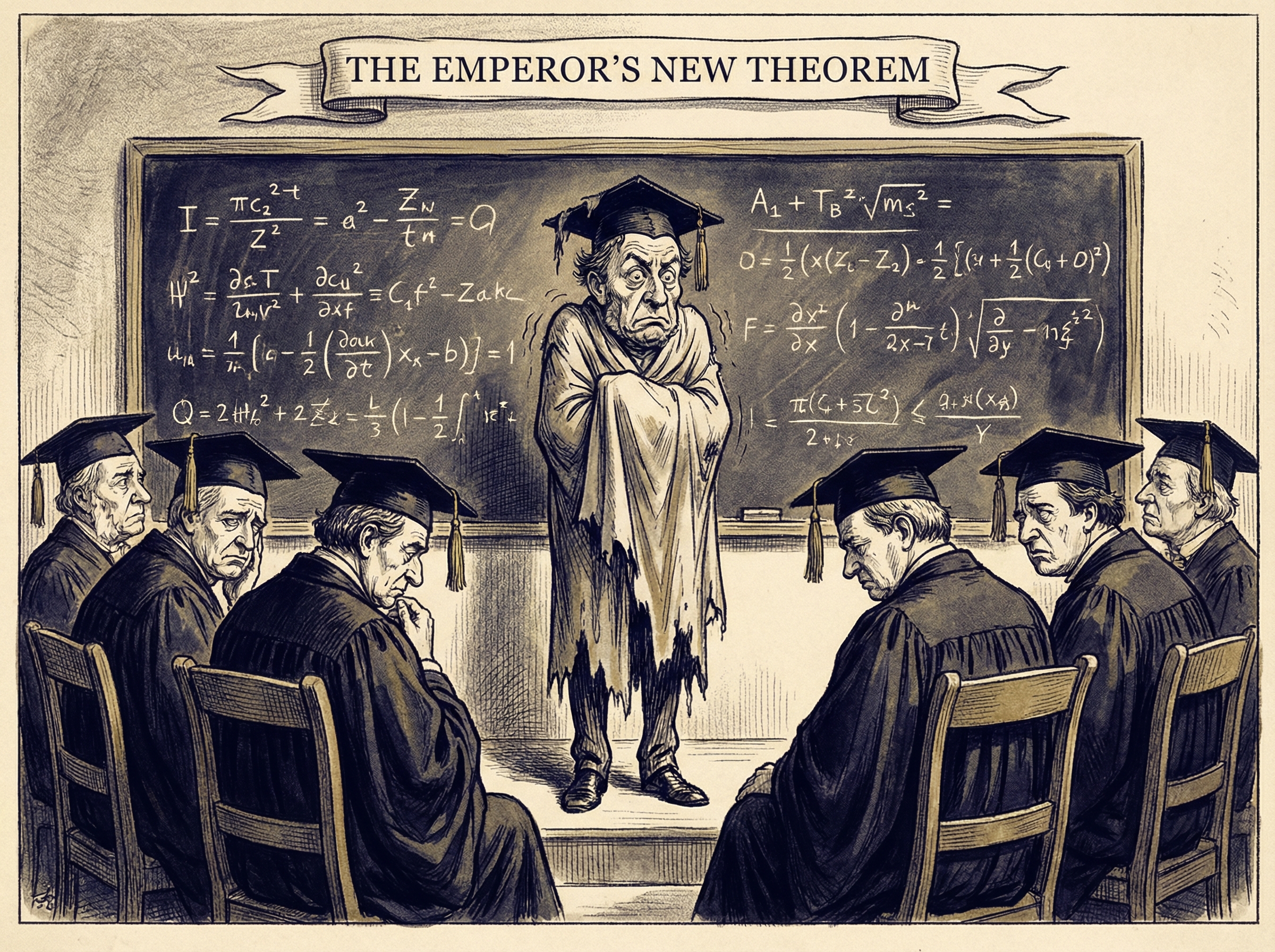 A satirical editorial illustration of an emperor in a graduation cap before a mathematical blackboard
