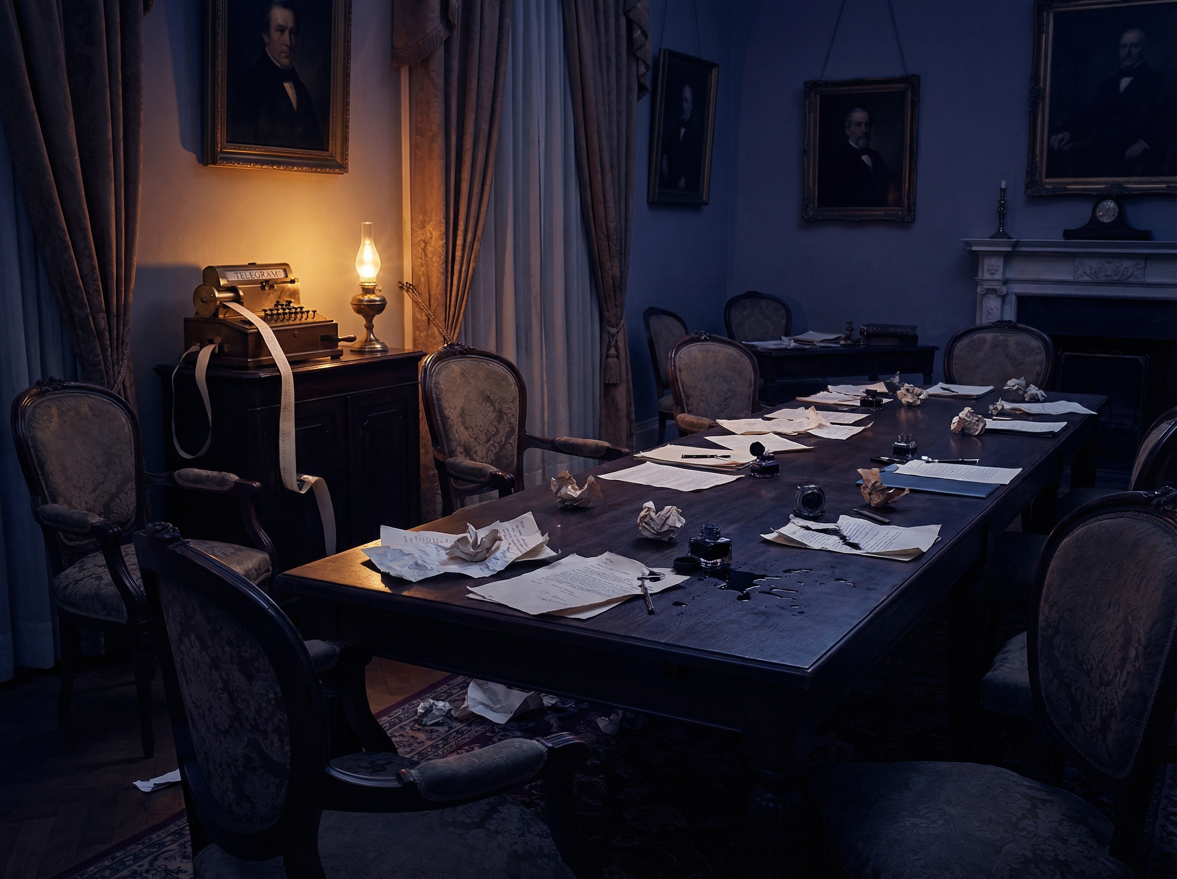 Empty office cubicles with AI robots and fading Now Hiring sign