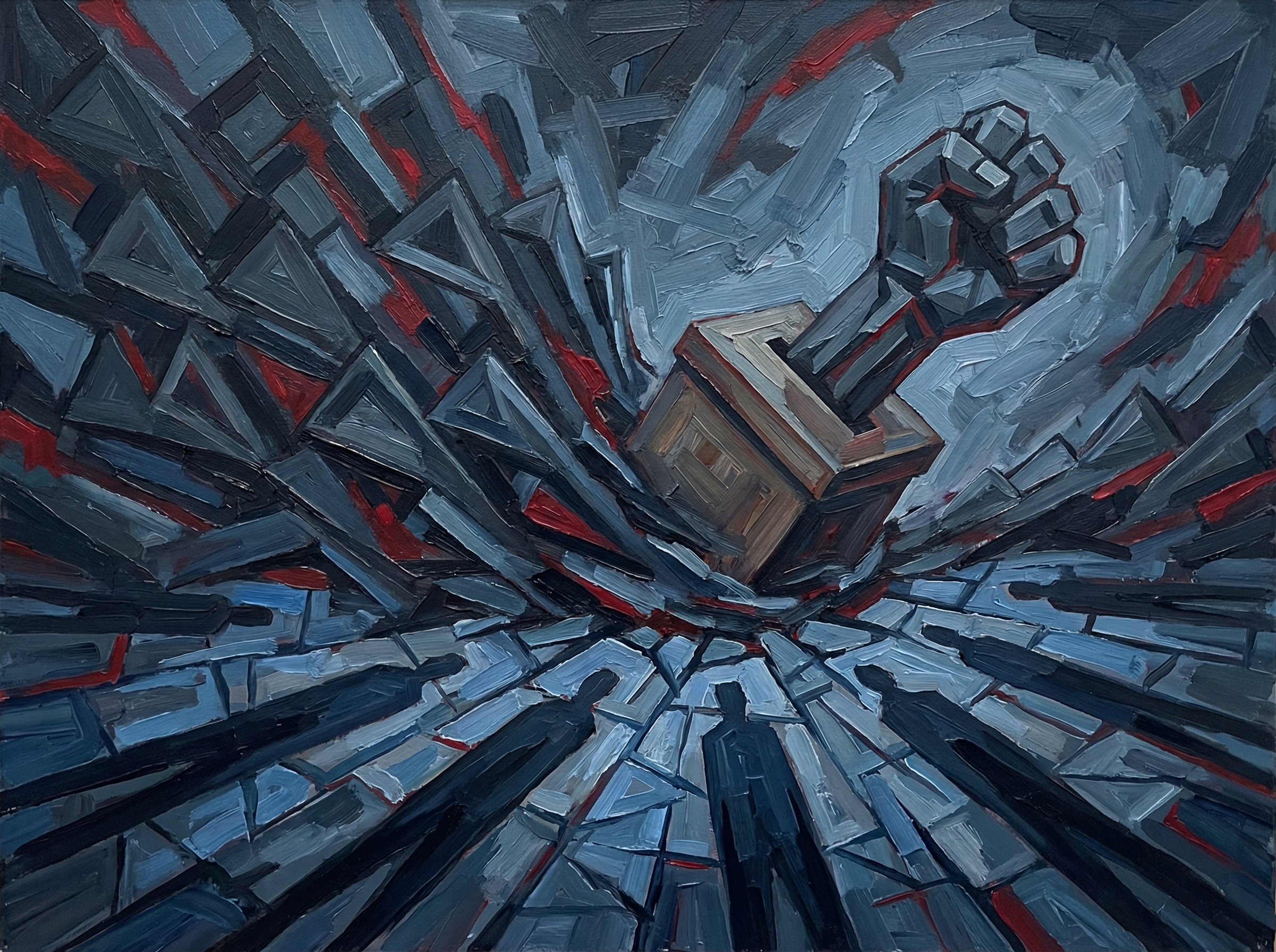 Abstract expressionist depiction of a dark rising tide with angular shapes forming into marching columns, a ballot box transforming into a clenched fist