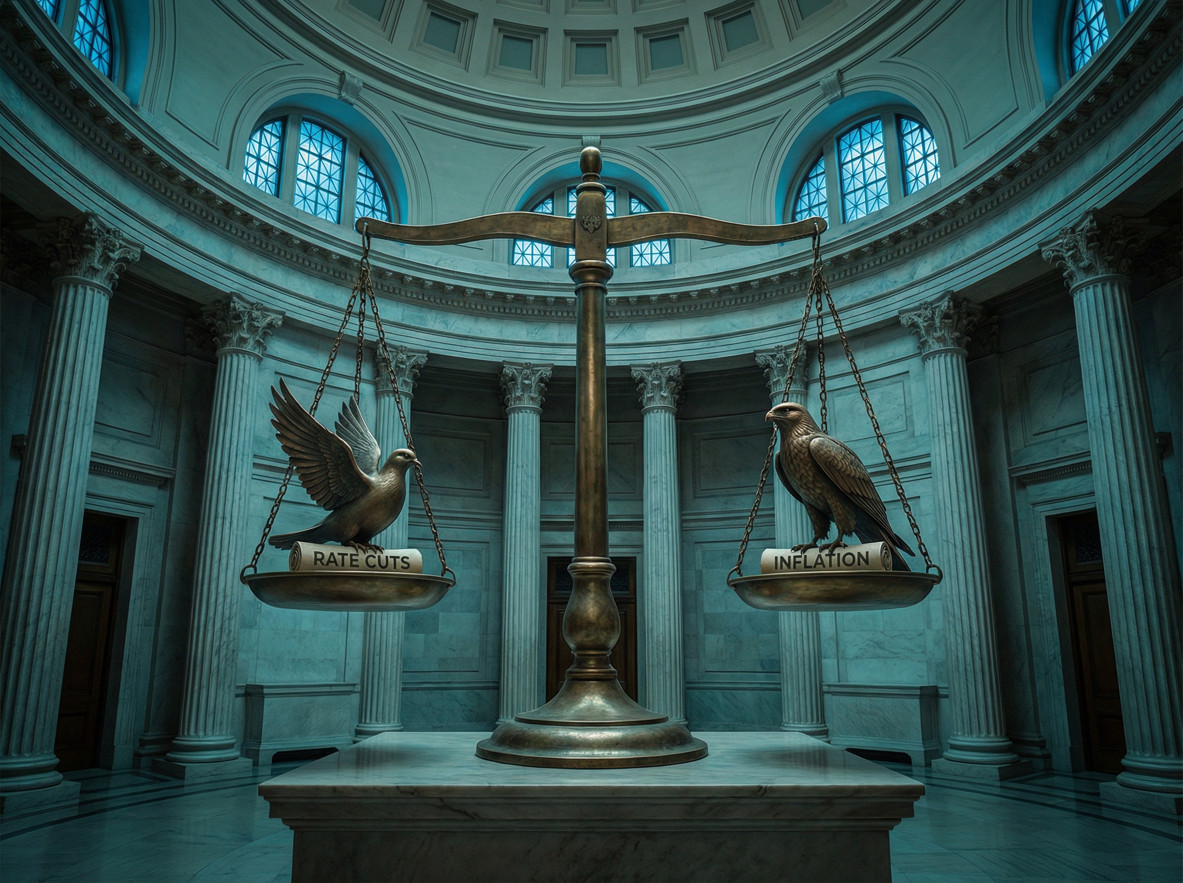 A brass balance scale in a Federal Reserve chamber with a dove and hawk in equilibrium