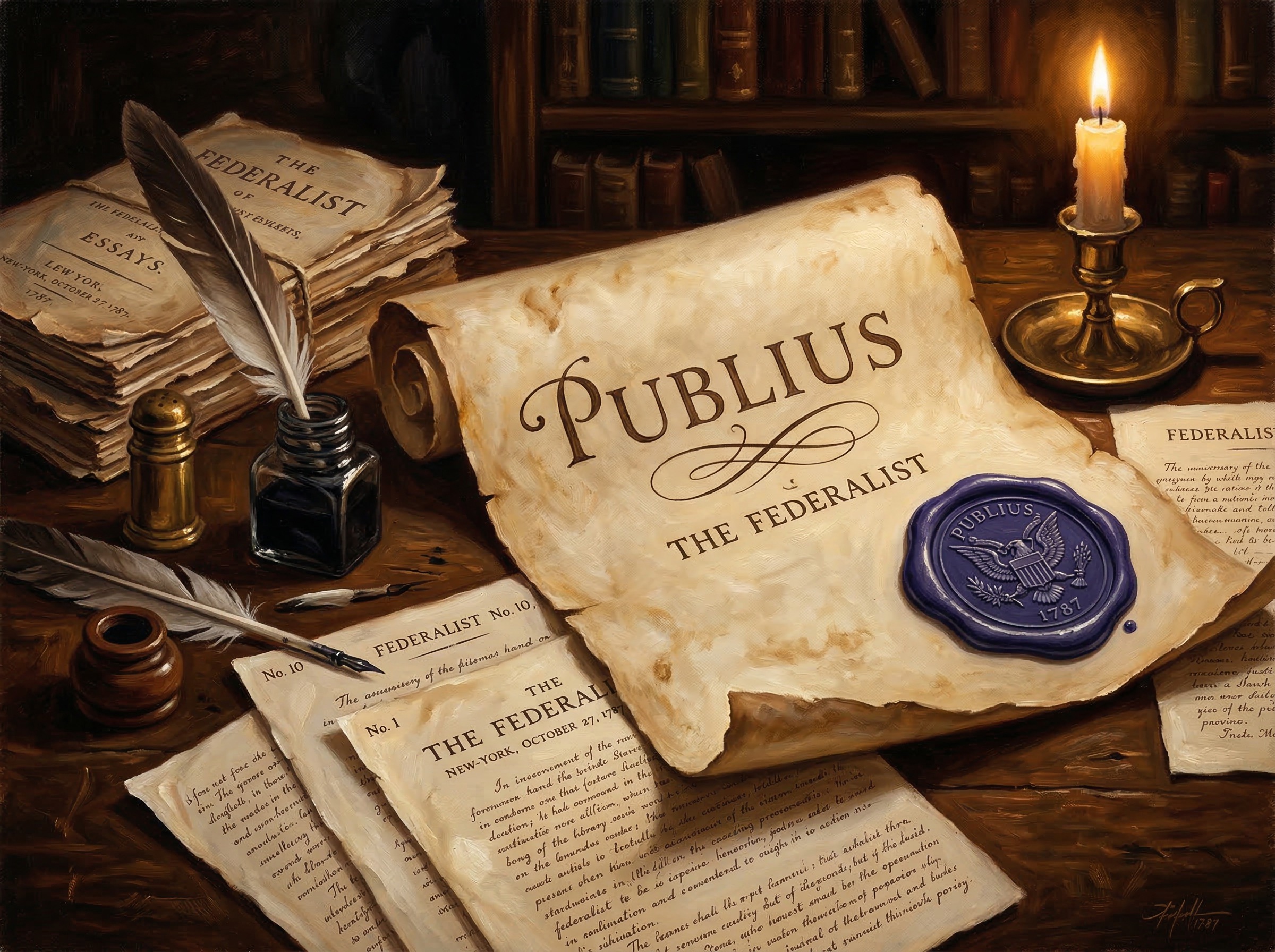 Aged parchment with the pseudonym Publius written in 18th-century calligraphy, surrounded by quill pens and scattered pages