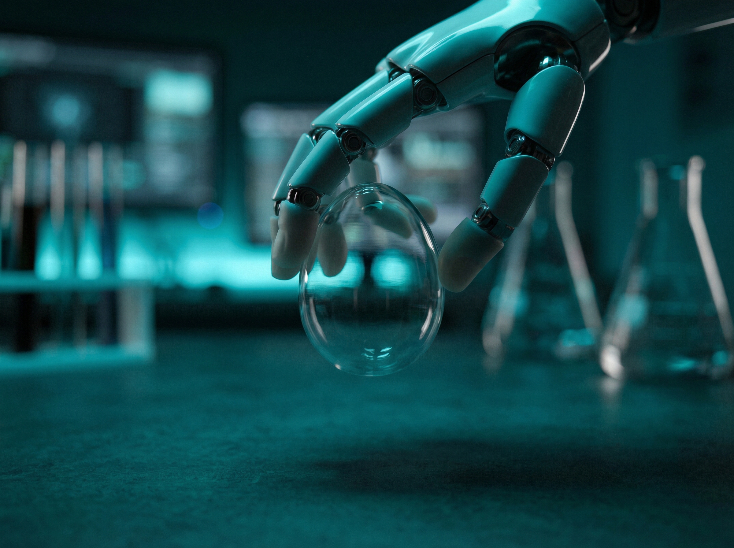 A humanoid robot hand delicately picking up a glass egg with precision fingertips