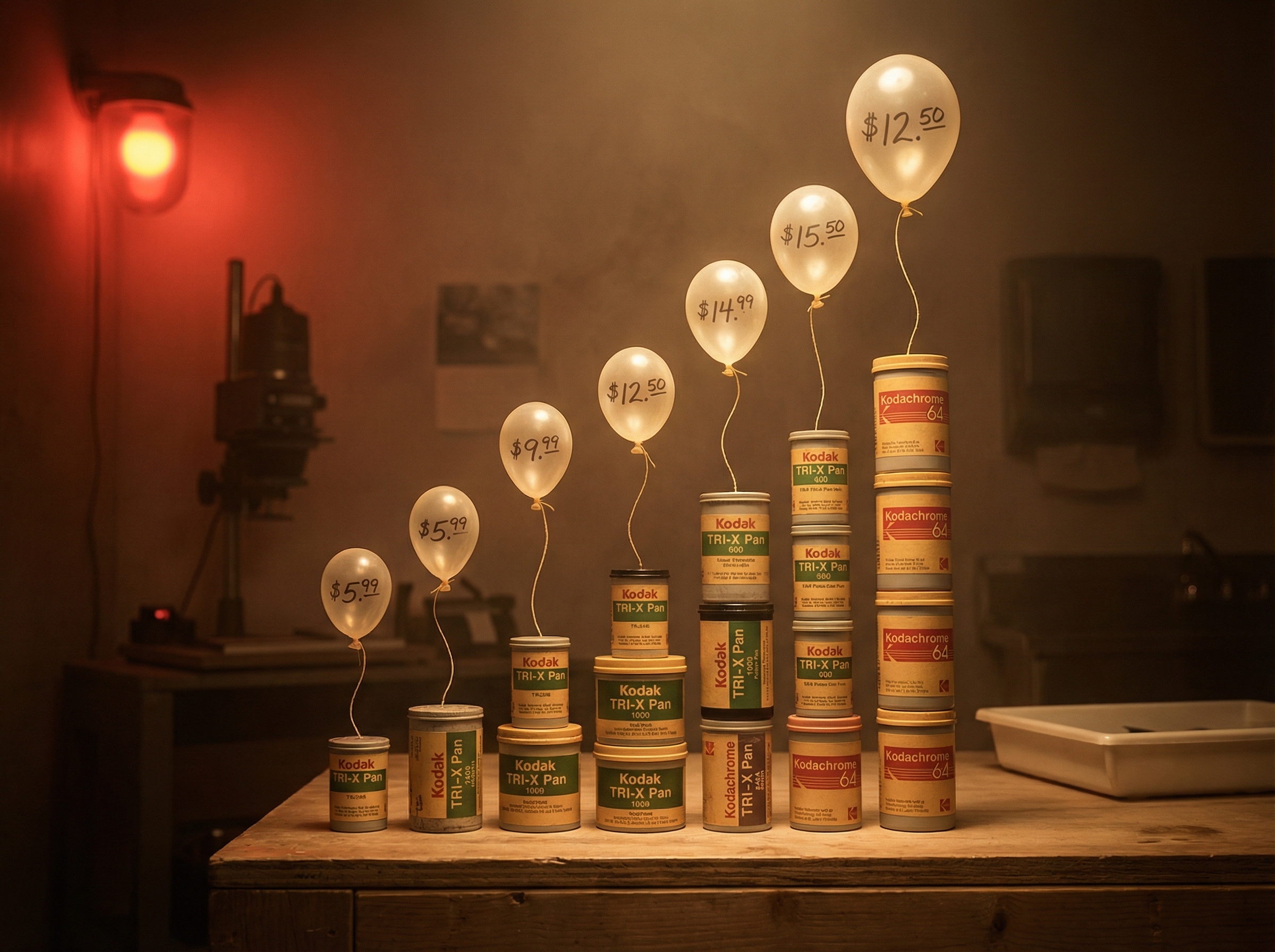 Film rolls with price tags showing rising costs