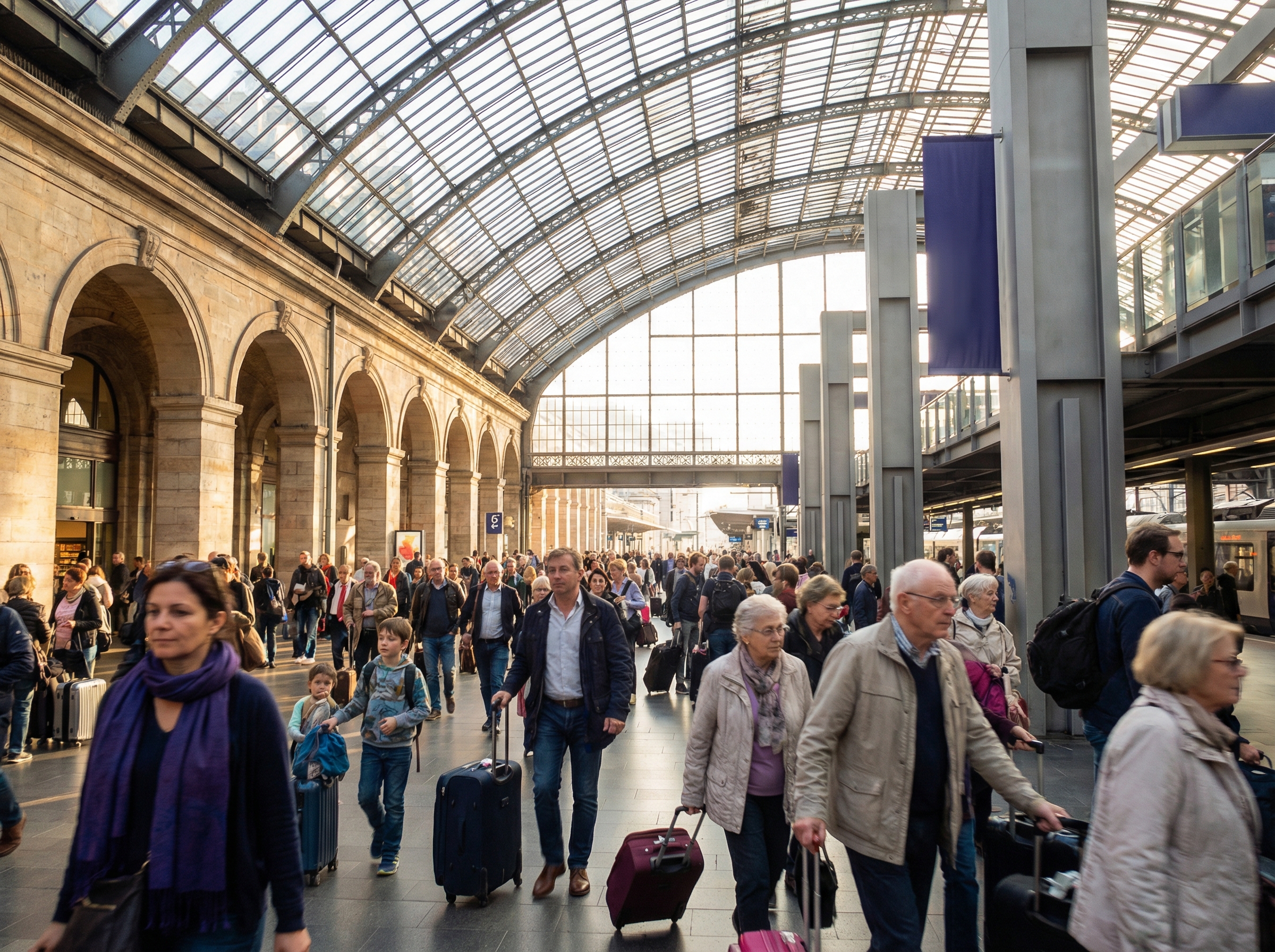 Diverse crowd arriving at European train station with luggage