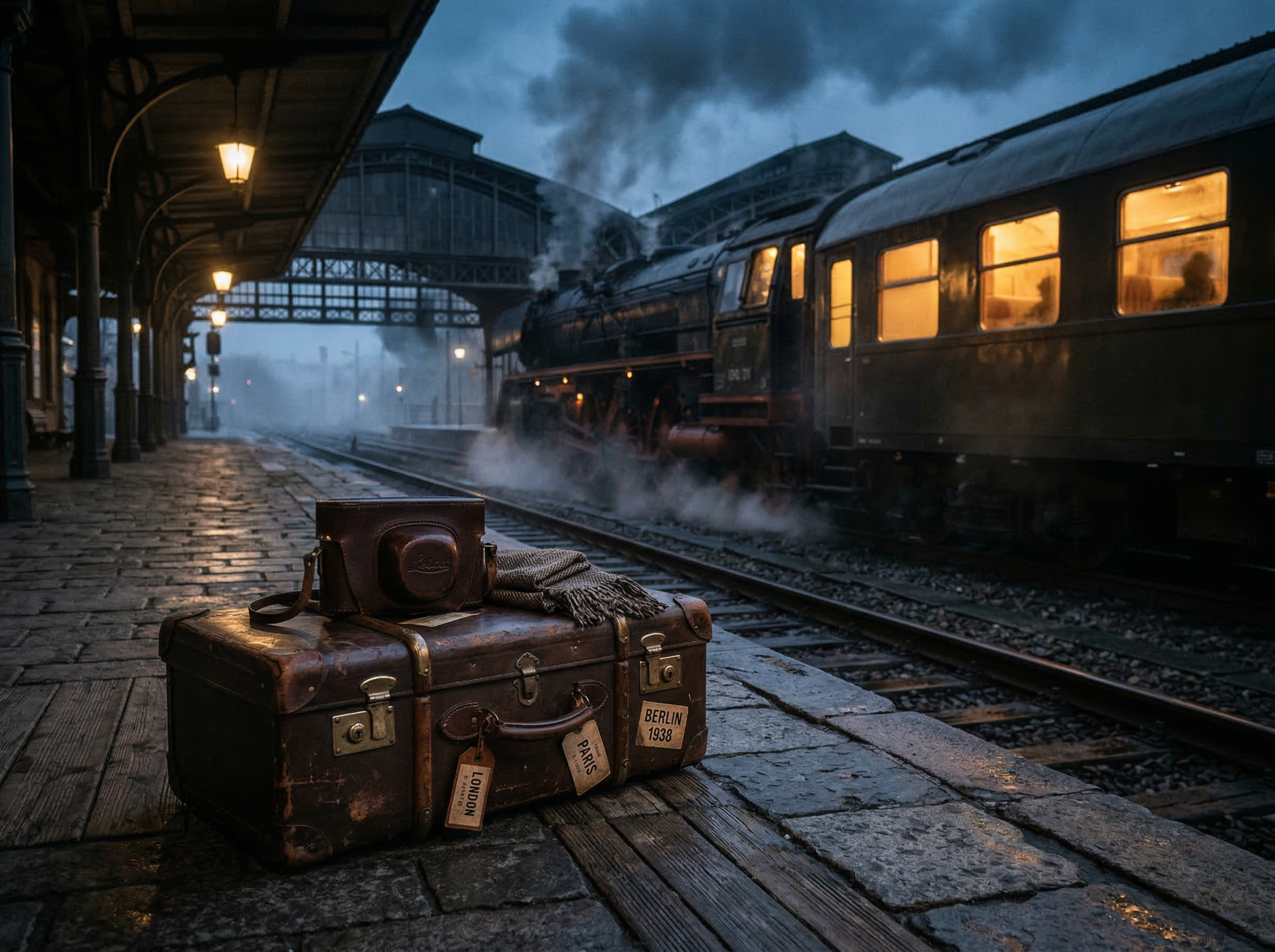 A moody 1930s train platform at dusk with a leather suitcase and Leica camera case