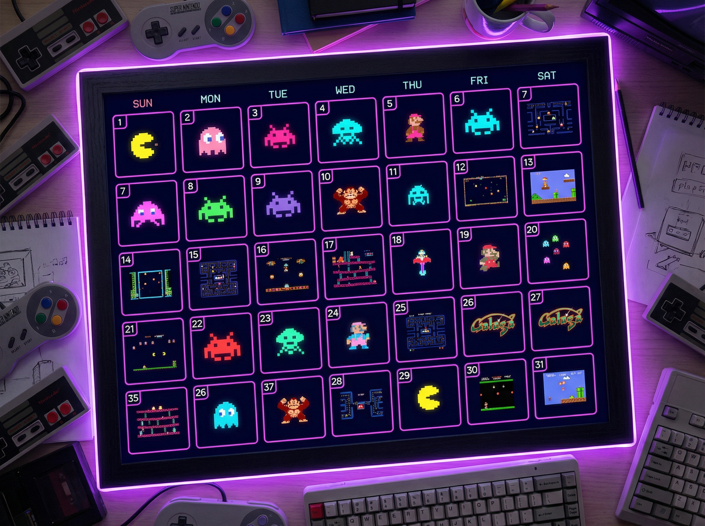Calendar grid filling with tiny colorful pixel art game screenshots, each day a different arcade game