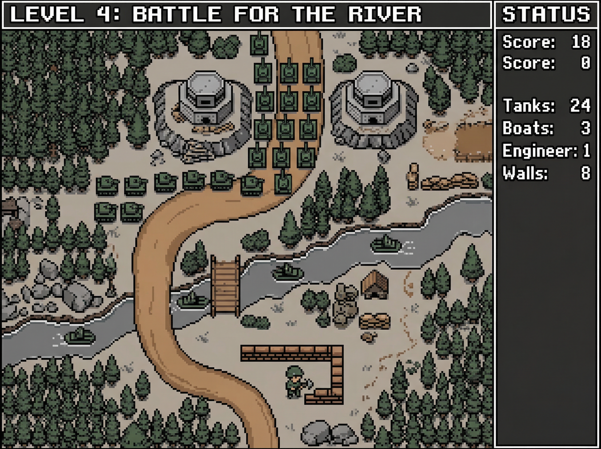 Stylized top-down view of a Bolo battlefield with tanks, pillboxes, forests, and a Little Green Man engineer