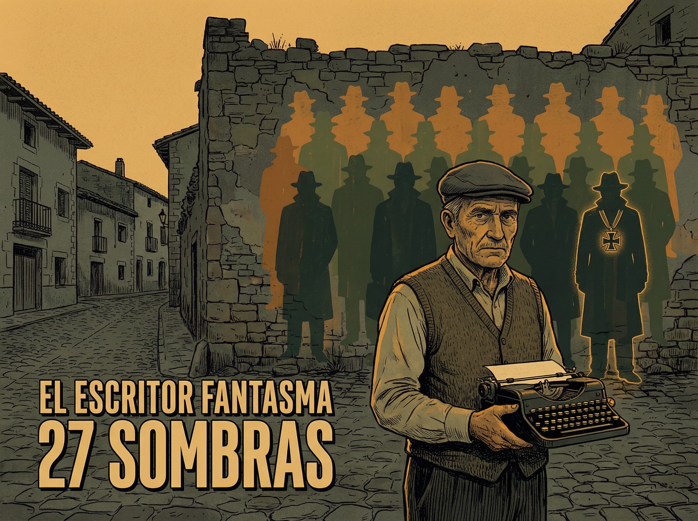 A chicken farmer surrounded by ghostly silhouettes of 27 fictitious spy agents, espionage noir atmosphere