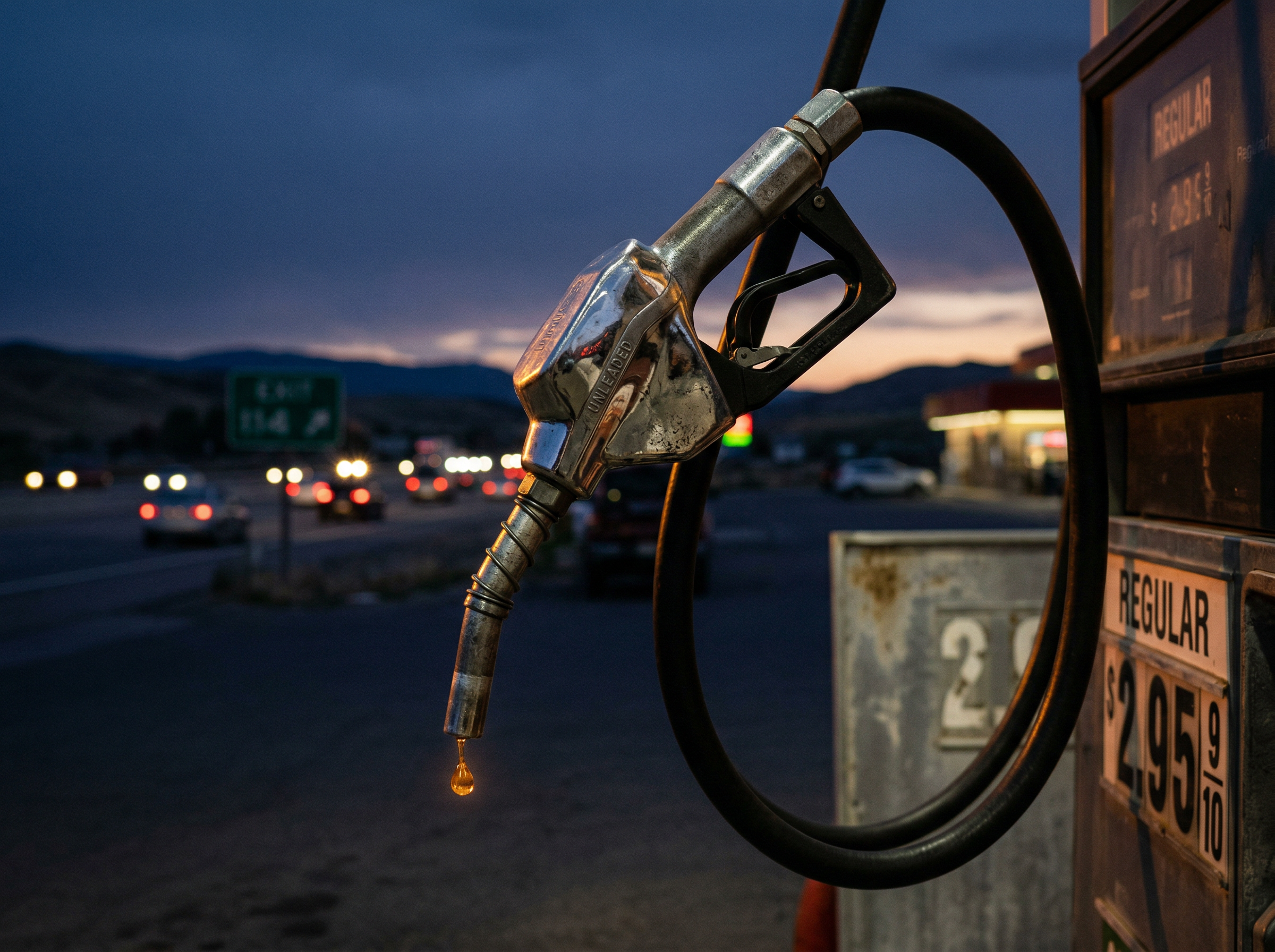 A gas pump nozzle with amber fuel dripping against a blurred American highway at dusk