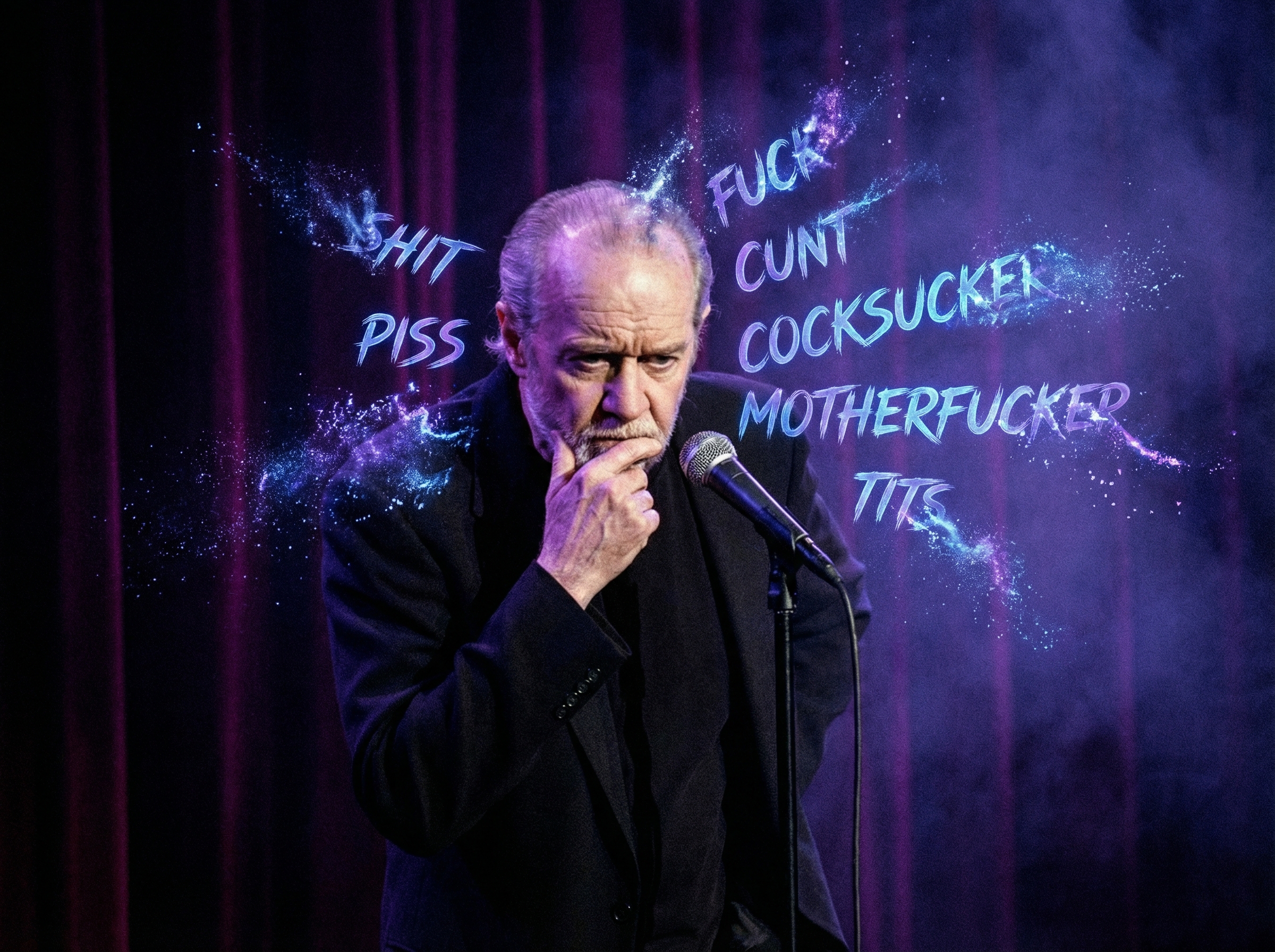 George Carlin at microphone with floating words