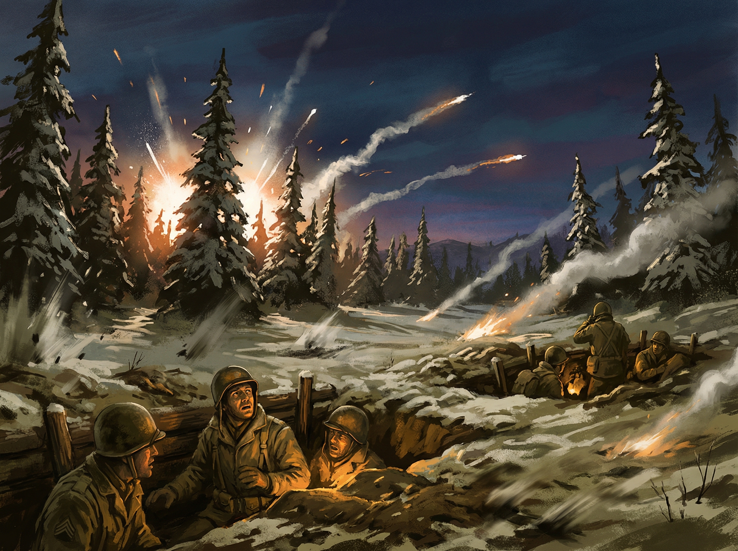Predawn artillery barrage illuminating a frozen forest, explosions against the dark sky