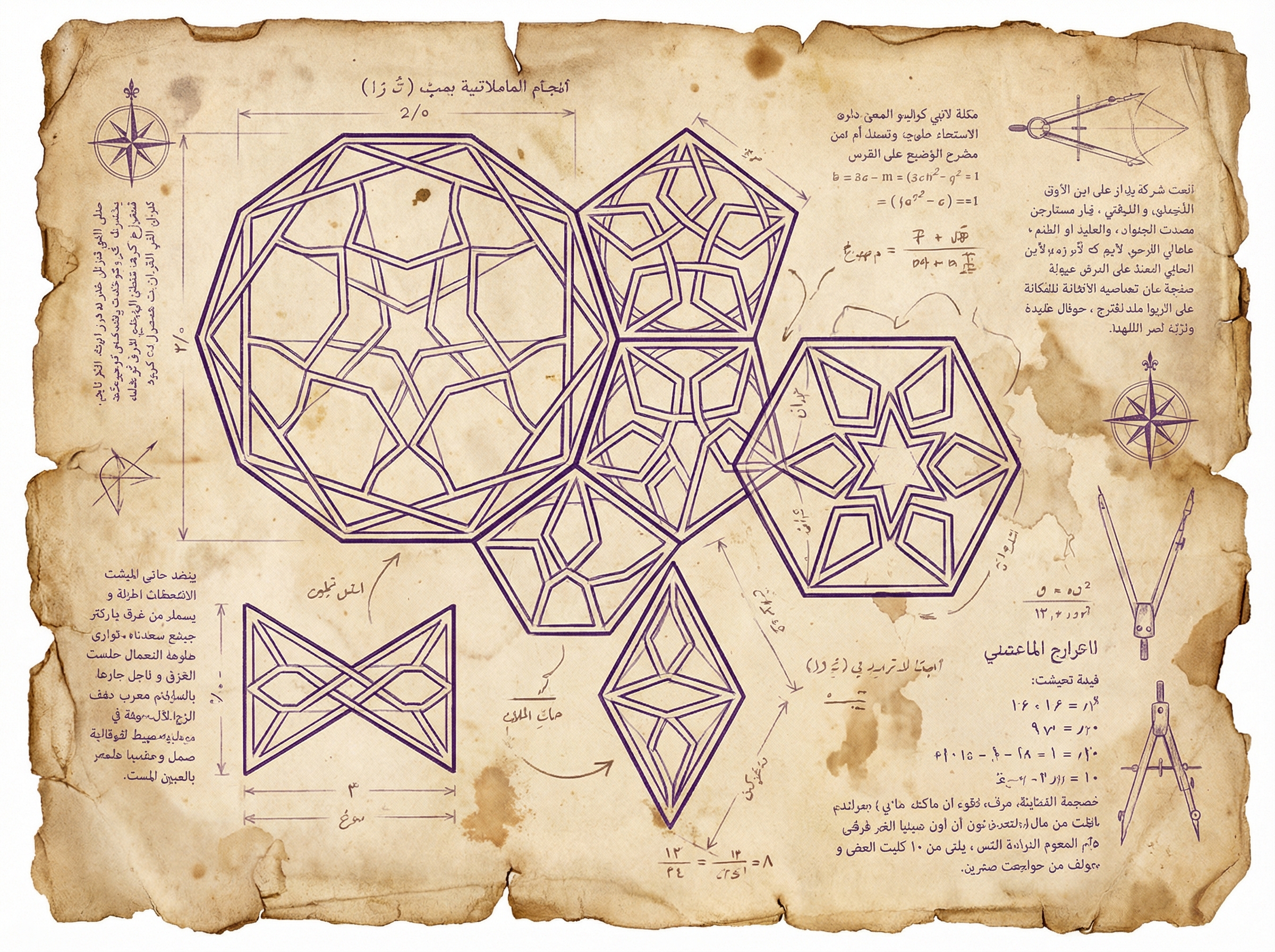 Girih tiles arranged in a quasicrystalline pattern on aged parchment