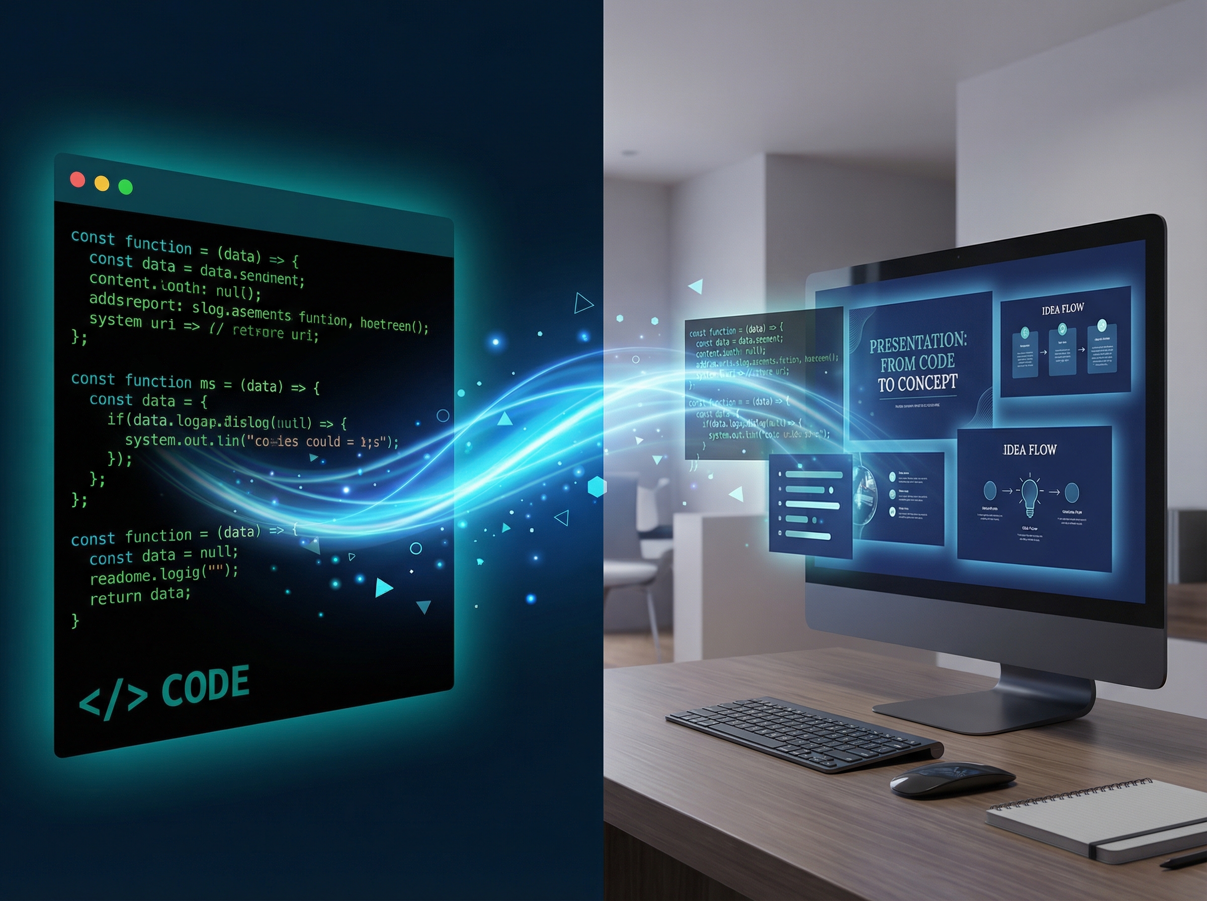 Terminal code morphing into polished presentation slides