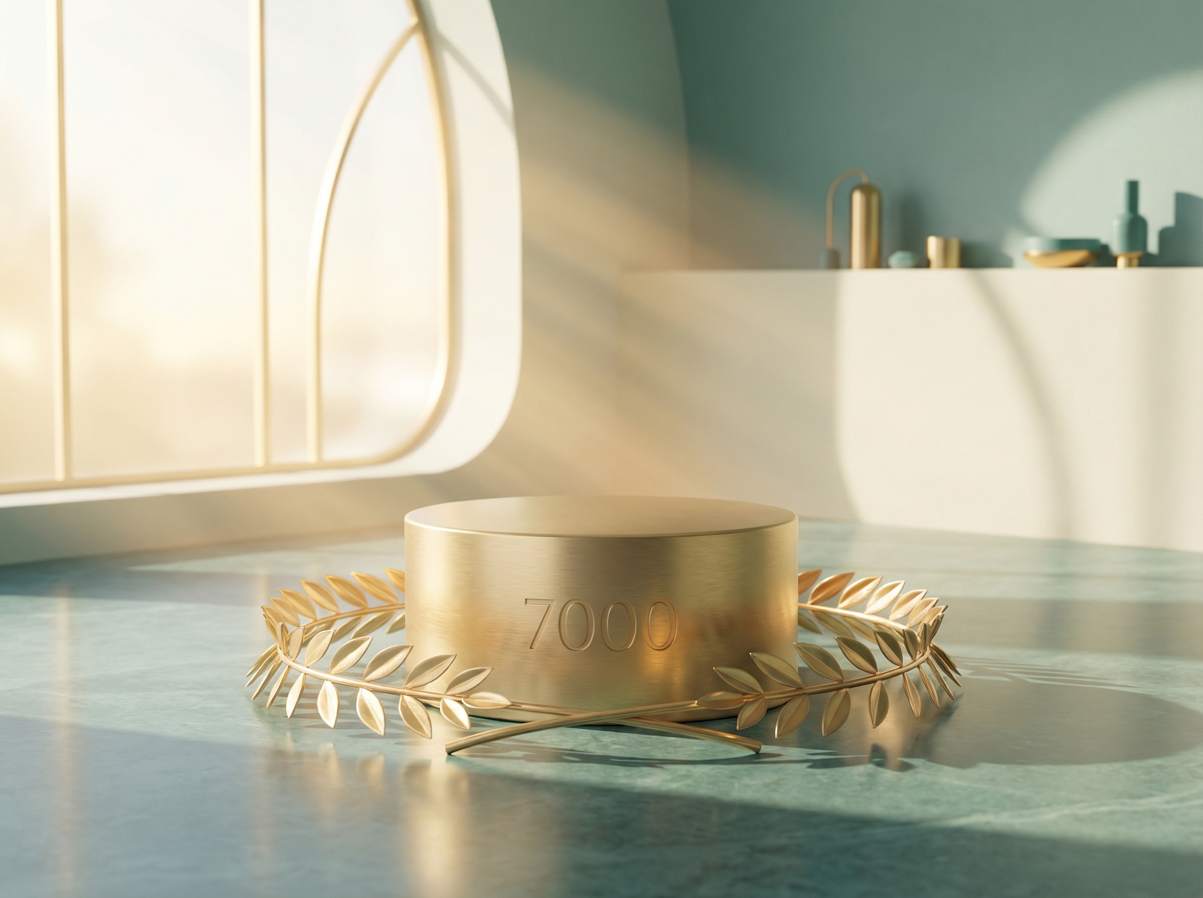 Golden podium with the number 7000 and laurel wreaths