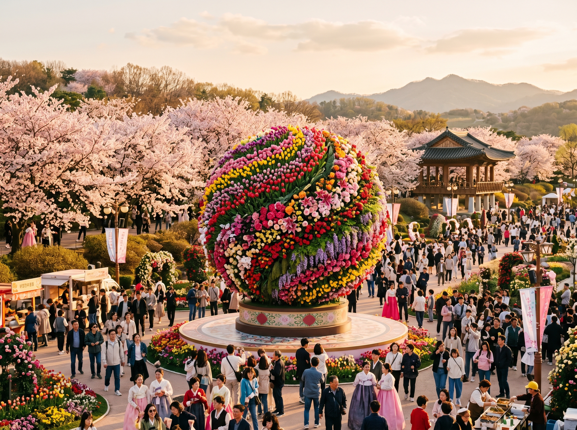 Massive rotating spherical floral sculpture at the Goyang International Flower Festival