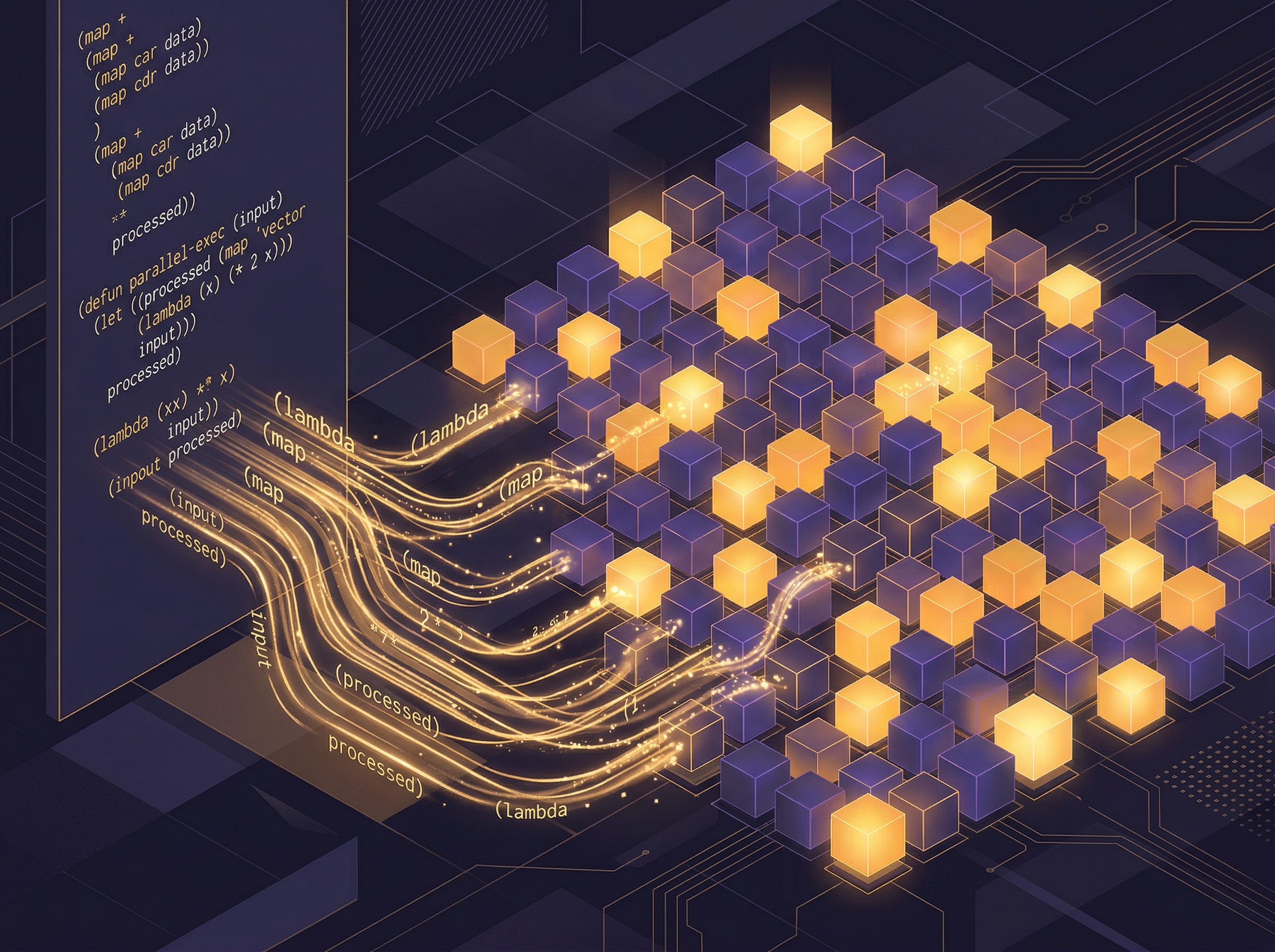 GPU compute cores as a grid of glowing cubes with S-expressions flowing through them as streams of light