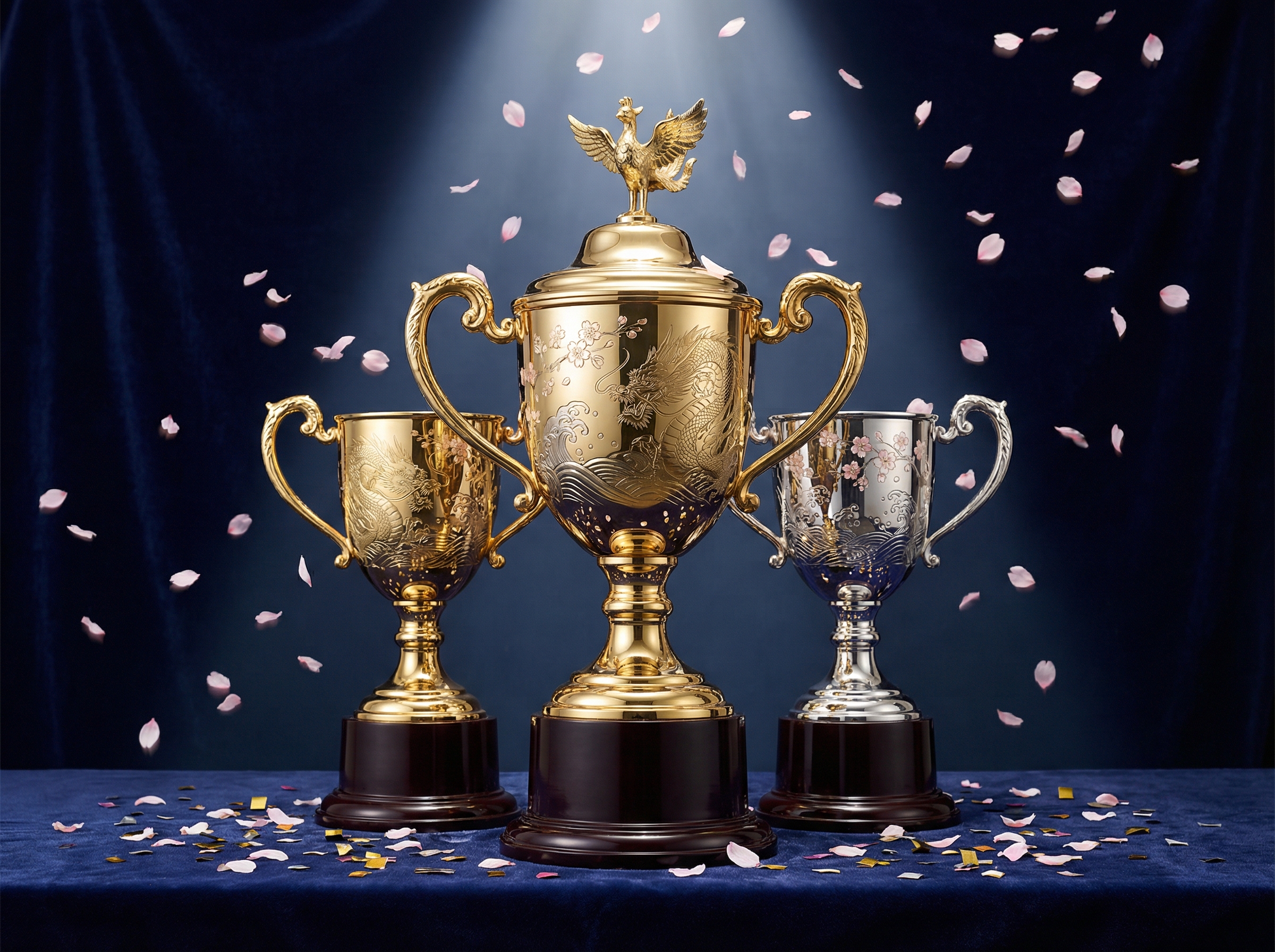 Three ornate Japanese trophy cups in pyramid formation