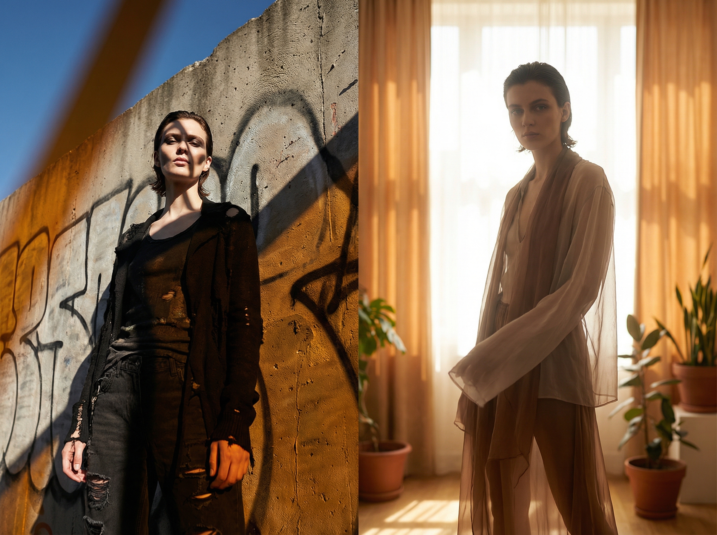 Dramatic portrait showing contrast between harsh sunlight shadows and soft diffused light