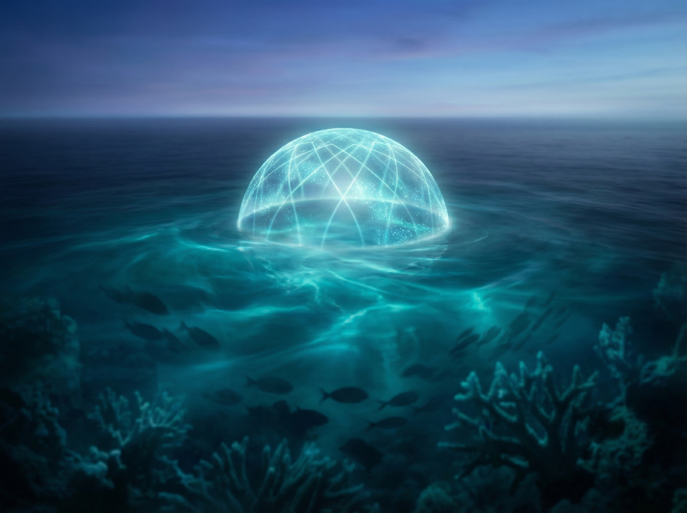 Deep blue ocean with protective dome of light representing marine protection