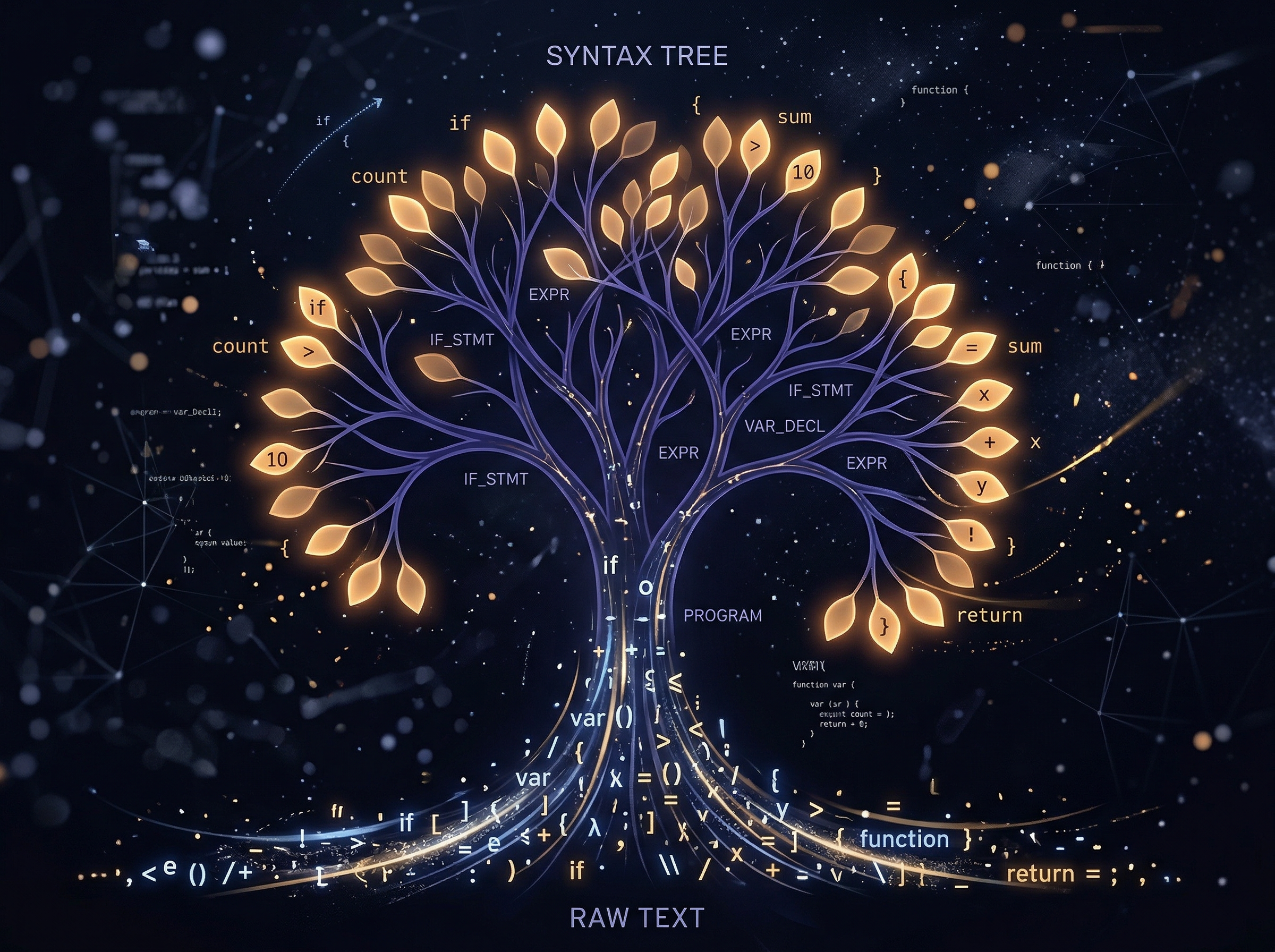 Abstract visualization of a syntax tree being constructed from raw text, characters flowing upward into branching tree structure