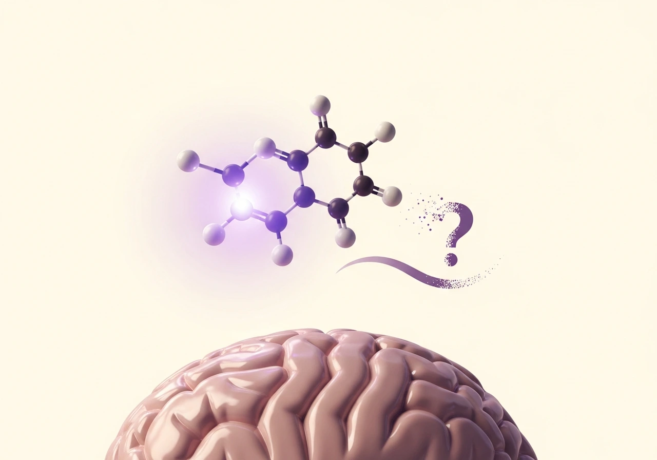 Estrogen molecule floating above calm brain surface