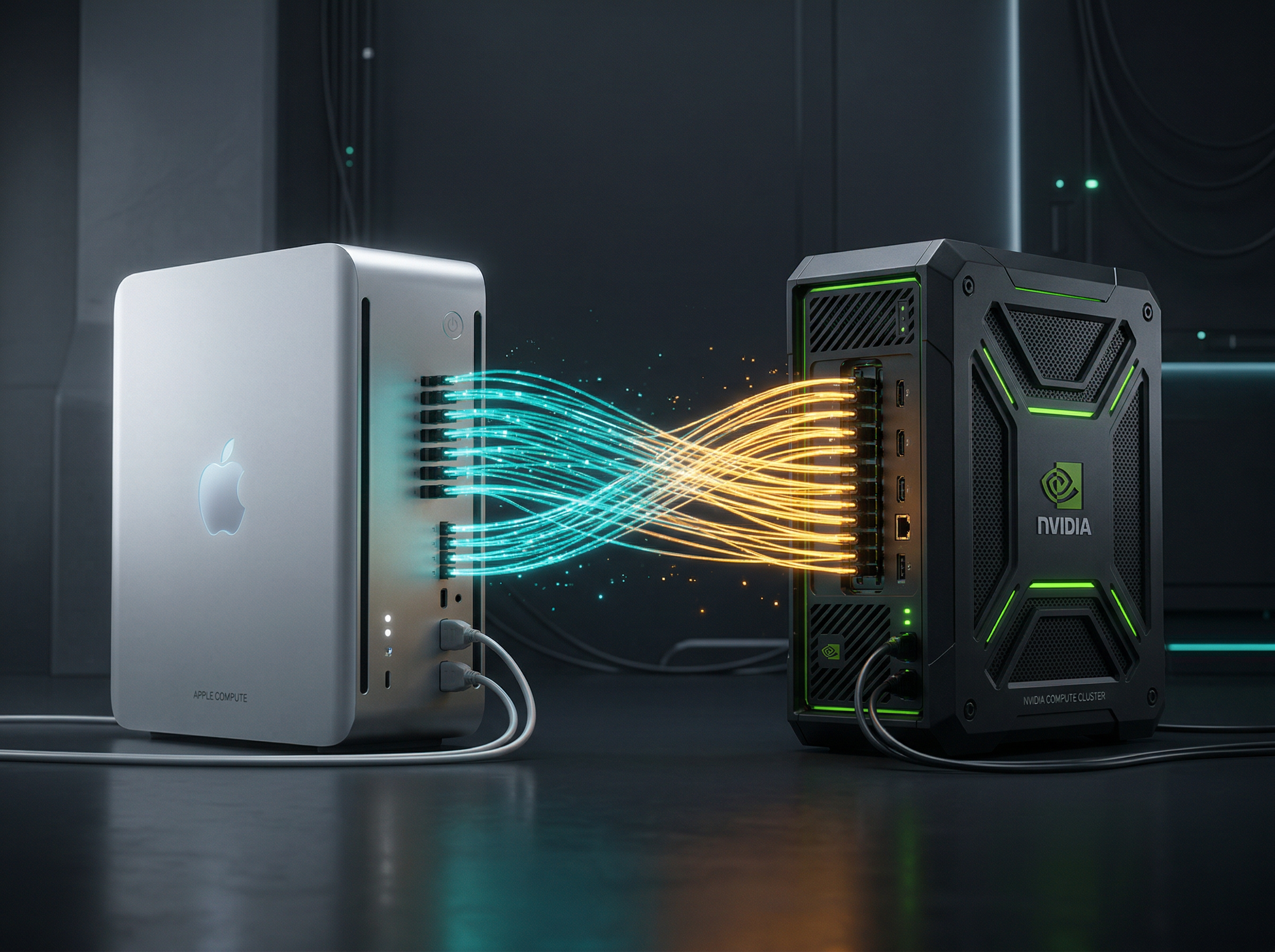 Two different computing architectures bridged by fiber optic connections, representing the EXO Labs hybrid approach