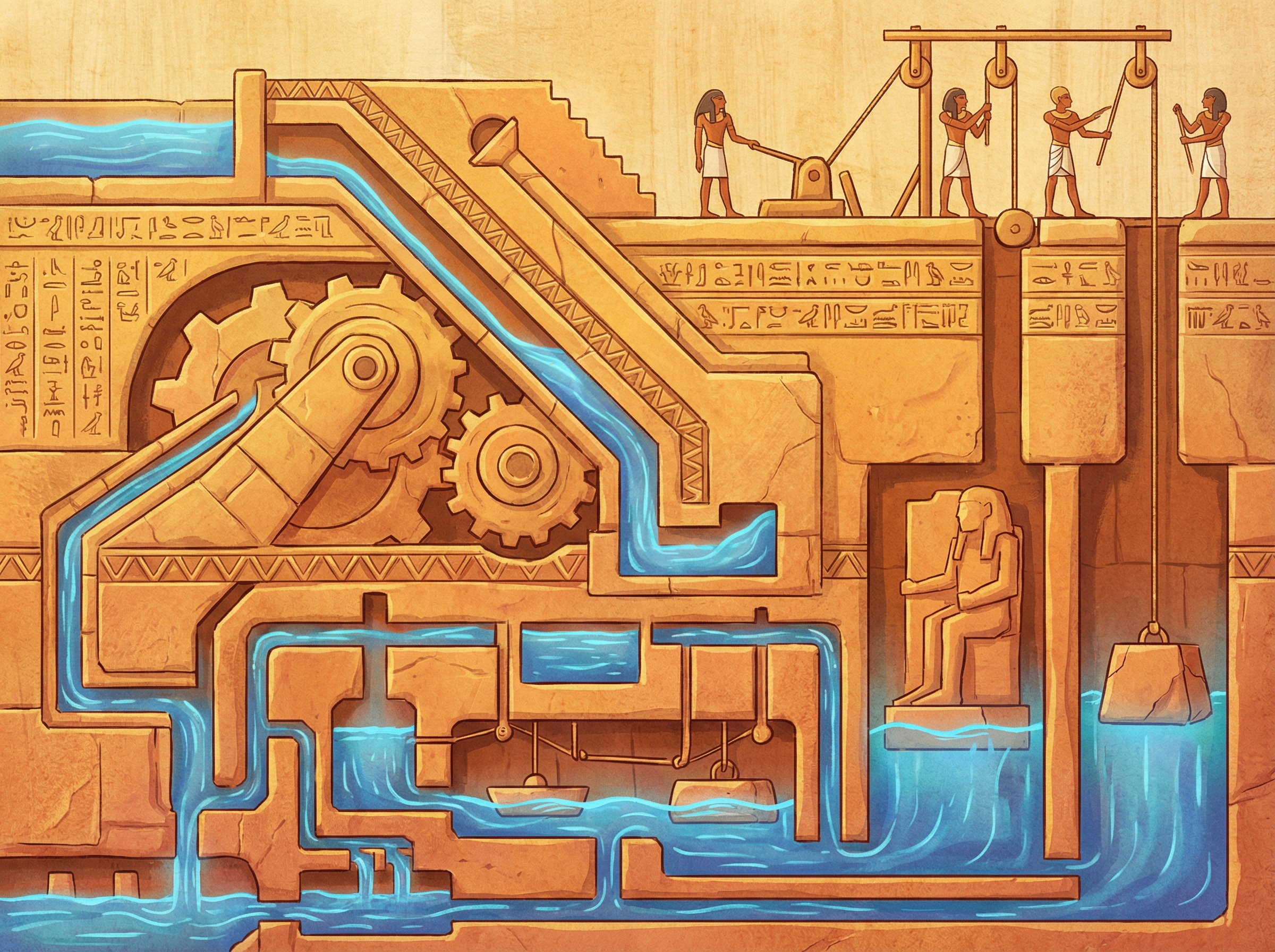 Cross-section visualization of ancient hydraulic stone-lifting system
