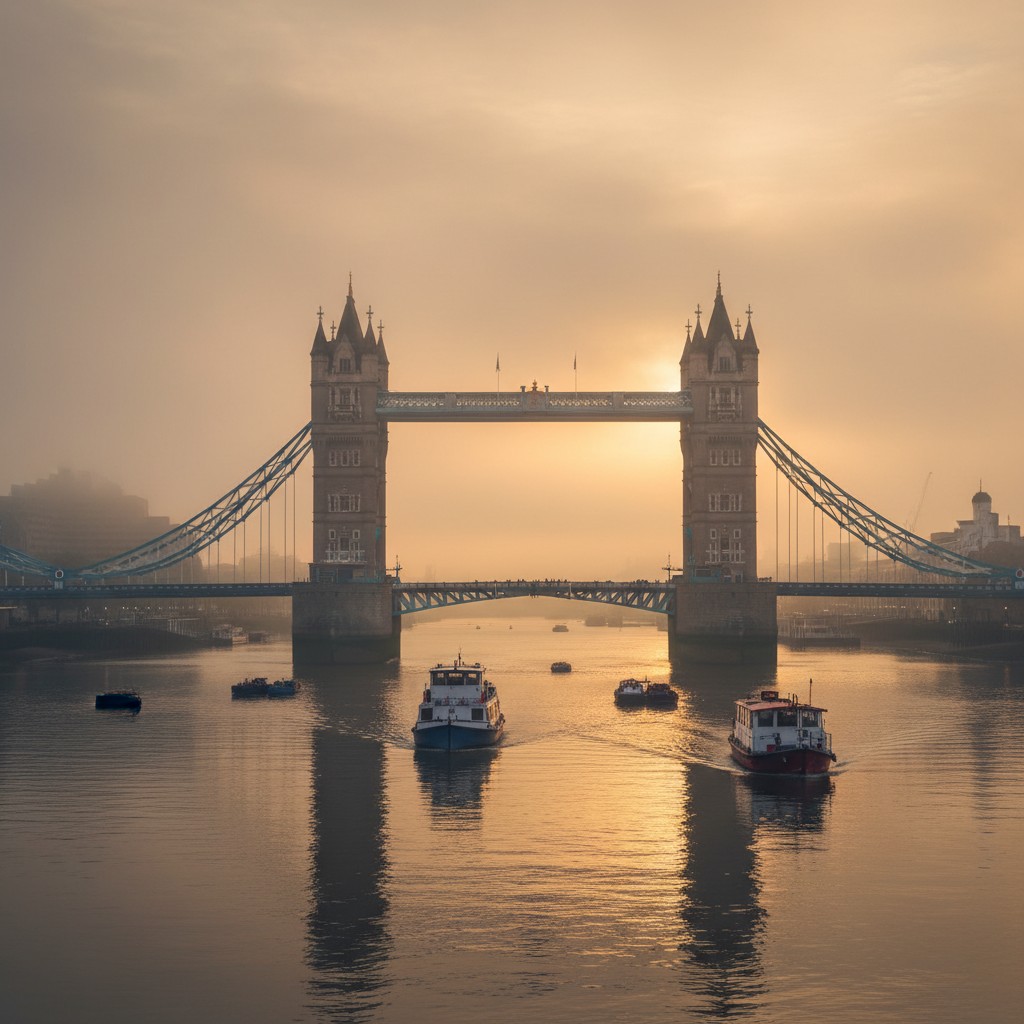 Tower Bridge at dawn, misty Thames with warm light breaking through clouds