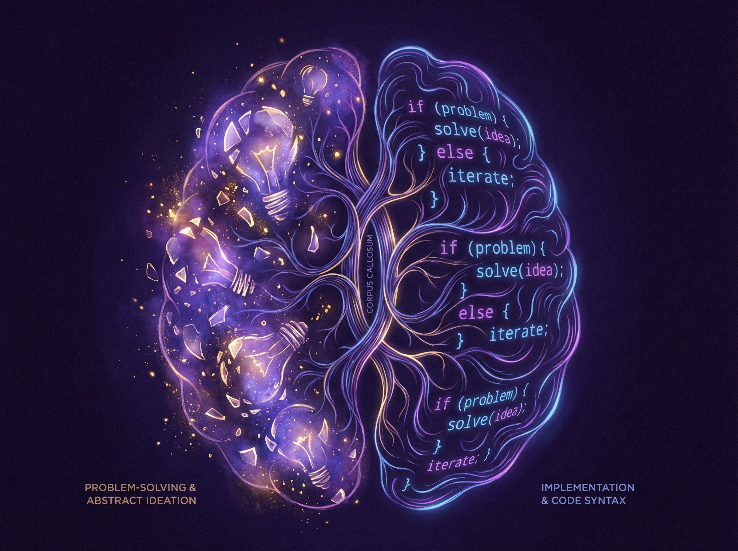 Split brain visualization showing idea generation and code synthesis as connected but distinct processes