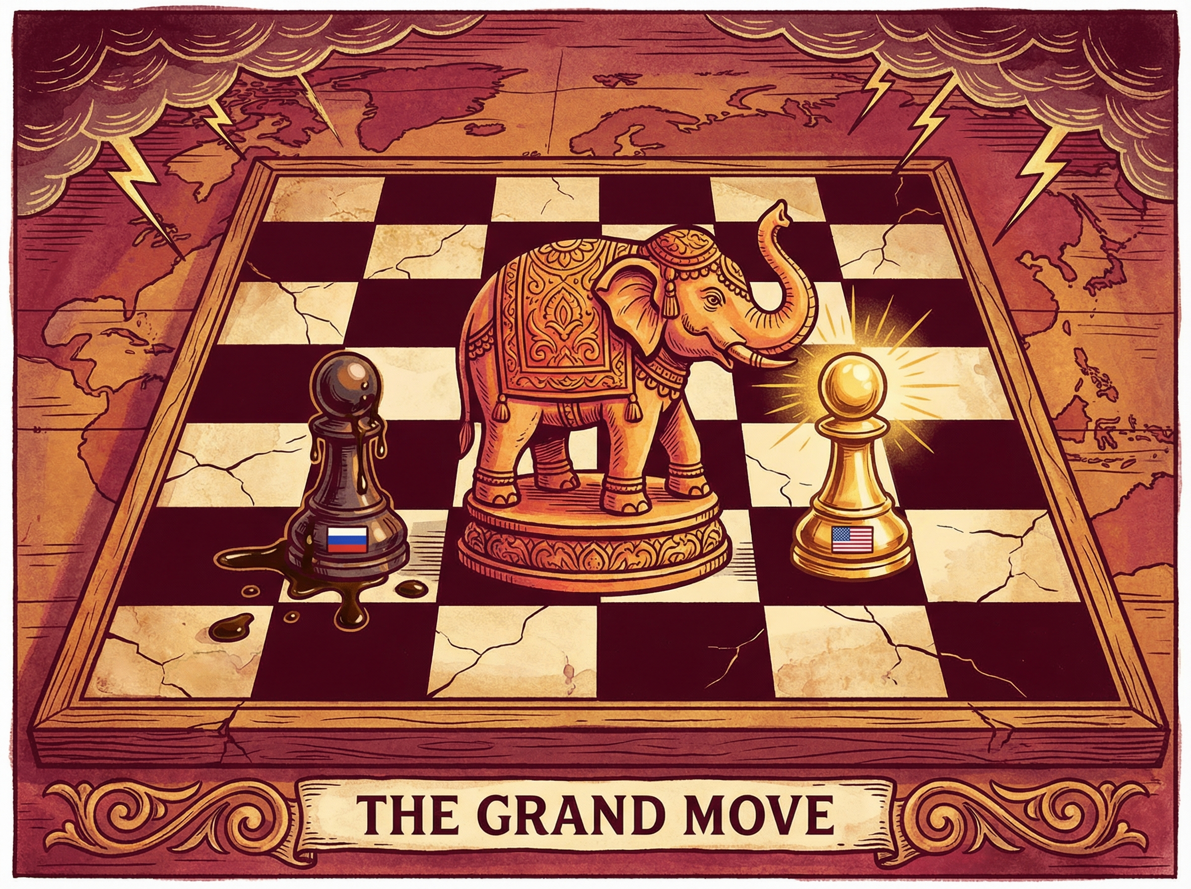 Chess visualization with elephant piece between oil-dripping pawn and gold pawn