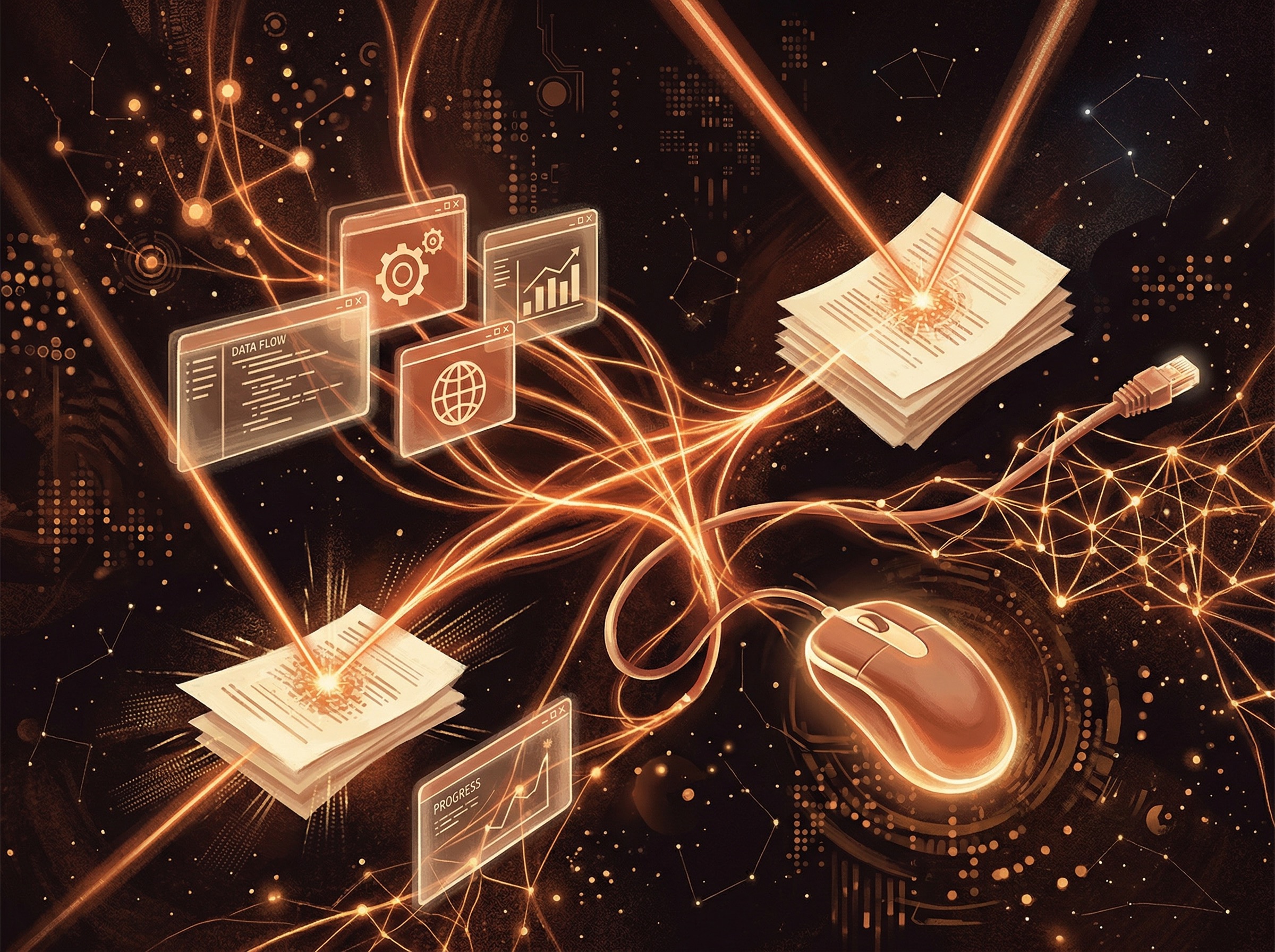 Abstract visualization of interconnected Alto innovations: GUI windows, ethernet cables, mouse, and laser beams