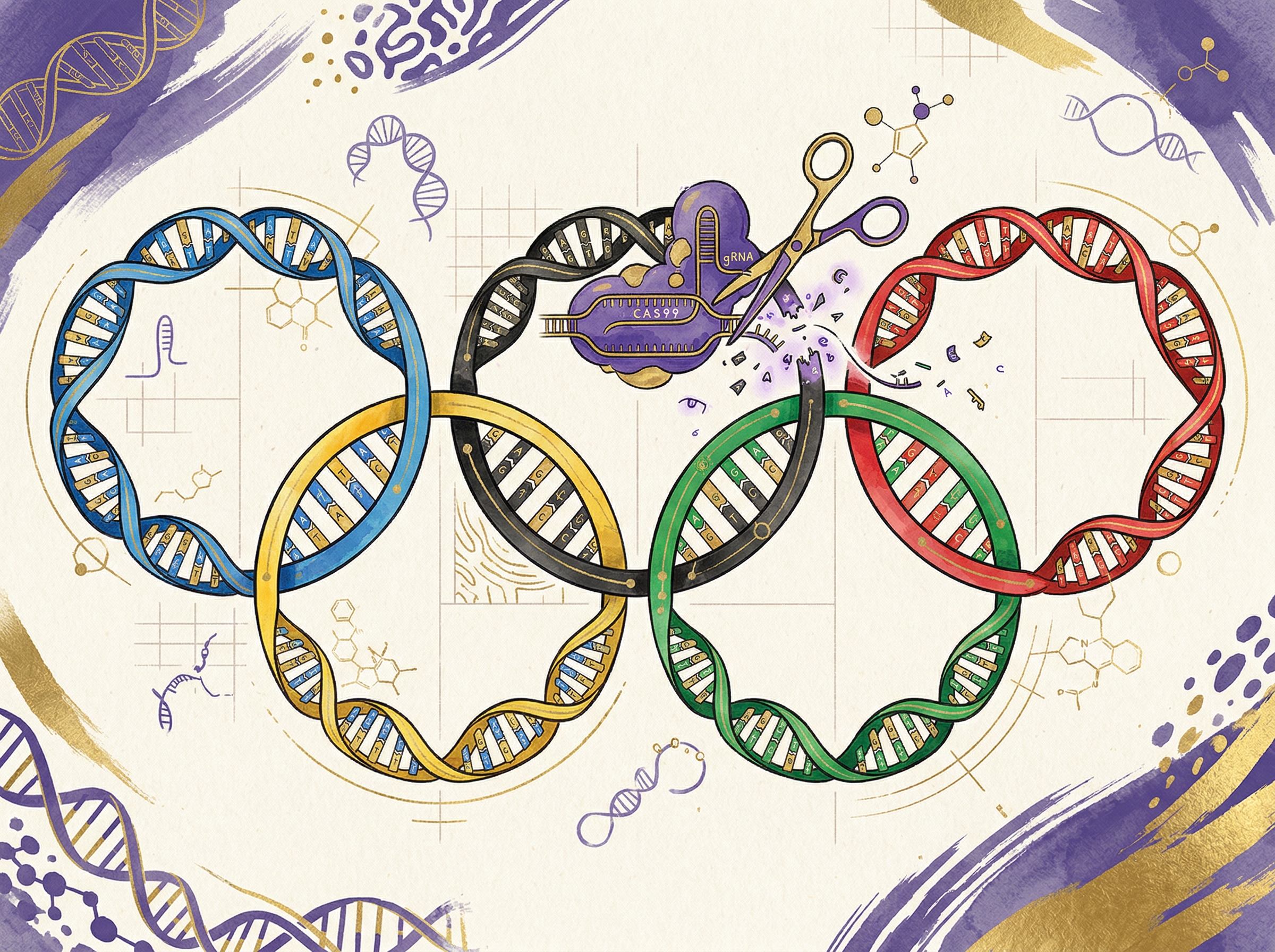 Olympic rings rendered as DNA double helix strands, one being cut by molecular scissors — representing the IOC's shift to genetic testing