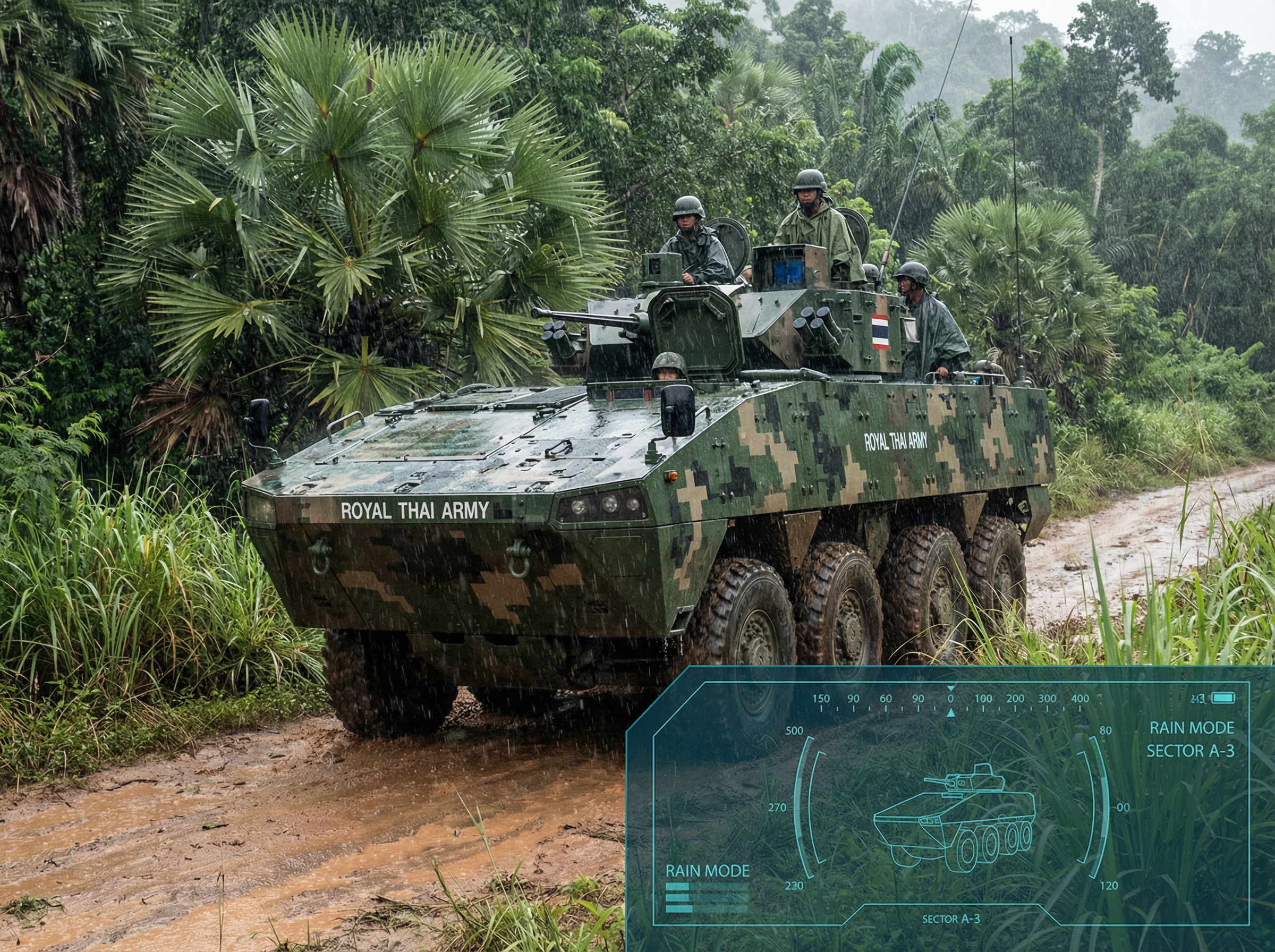 Infantry fighting vehicle emerging from mist on a Mediterranean training ground, angular modern armor with Italian military markings